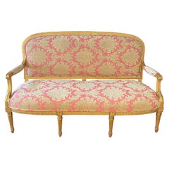 Glamorous French Louis XVI Style Gold Giltwood Sofa with Damask Upholstery