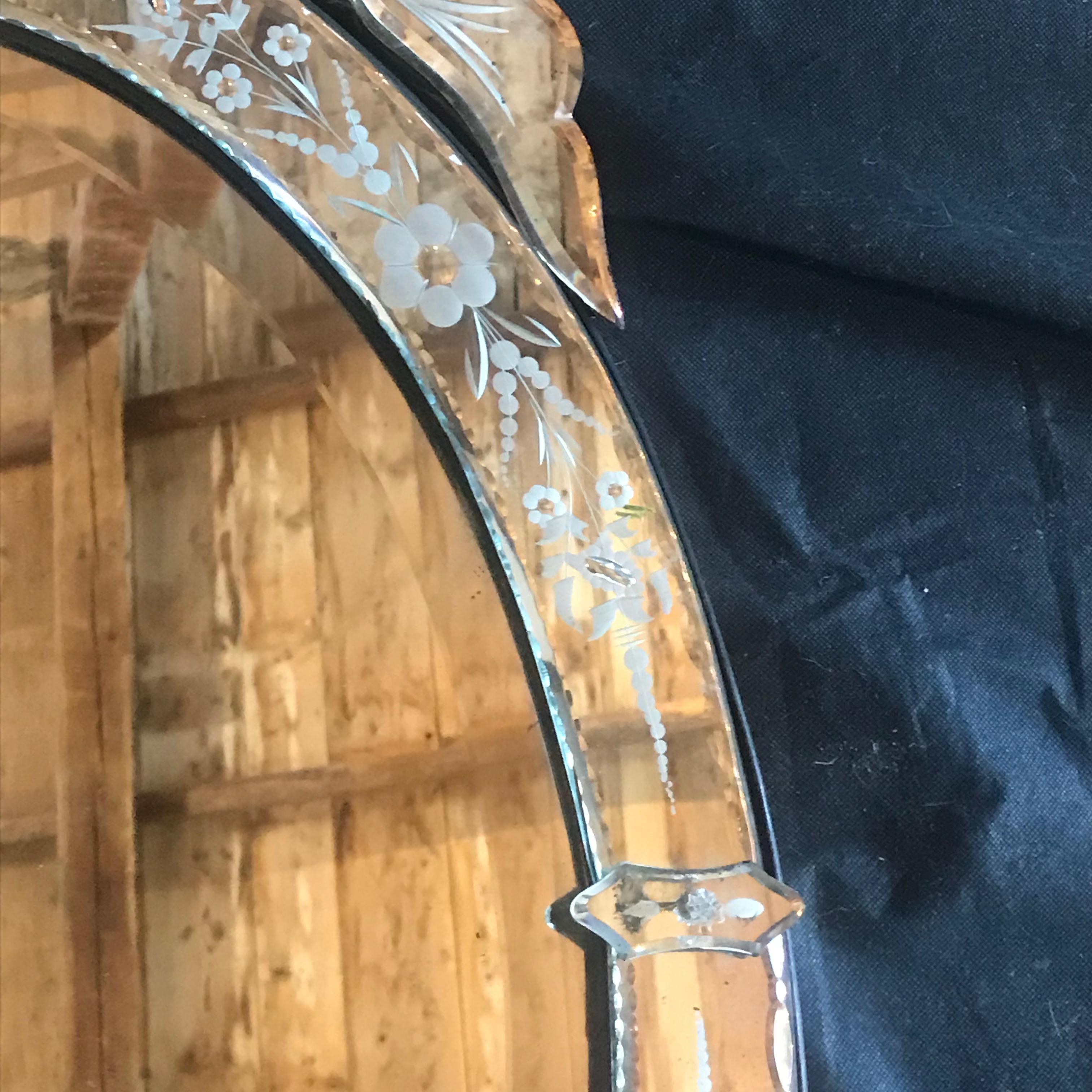 Etched Glamorous French Venetian Glass Oval Beveled Mirror