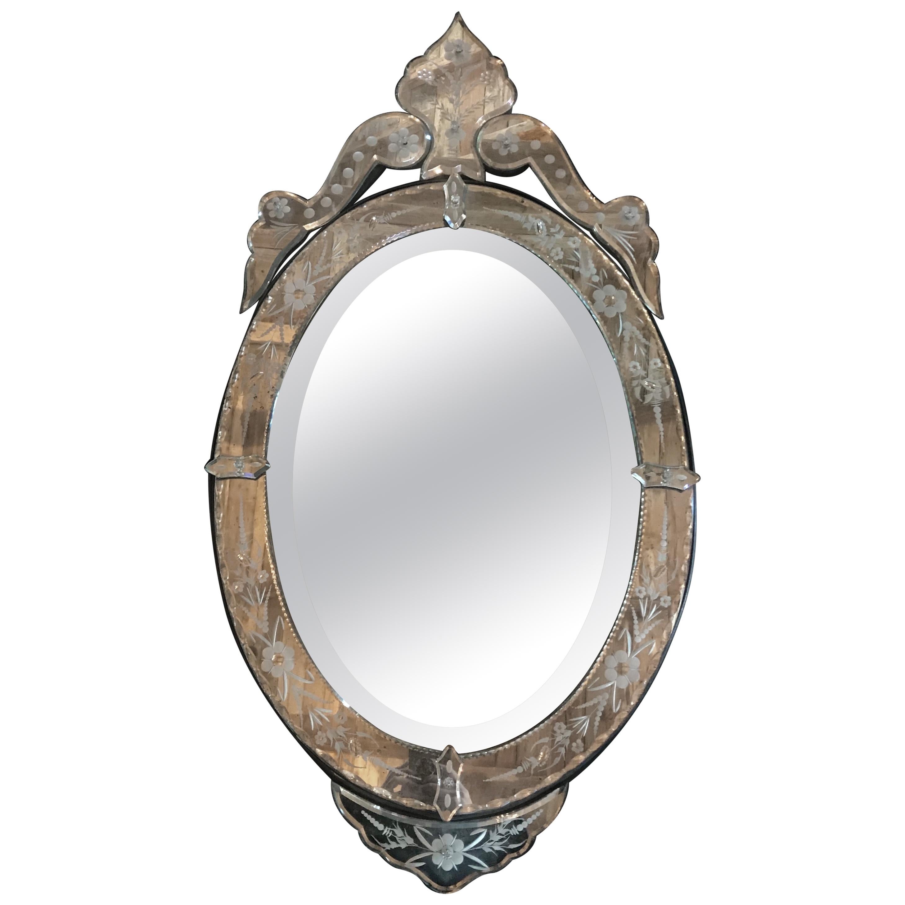 Glamorous French Venetian Glass Oval Beveled Mirror