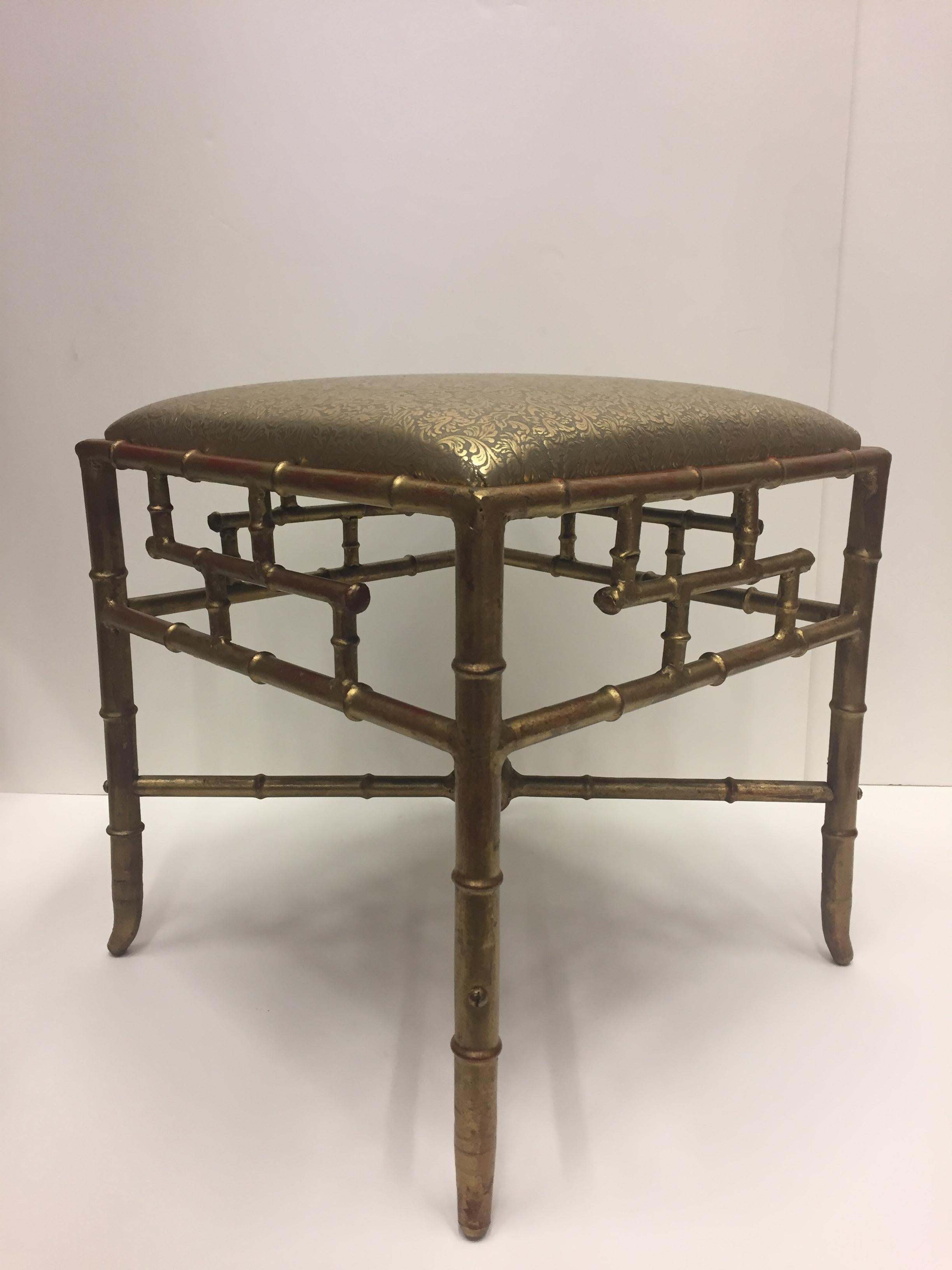 Chinoiserie Glamorous Gilt Iron Faux Bamboo Ottoman Bench with Sexy Embossed Leather Top