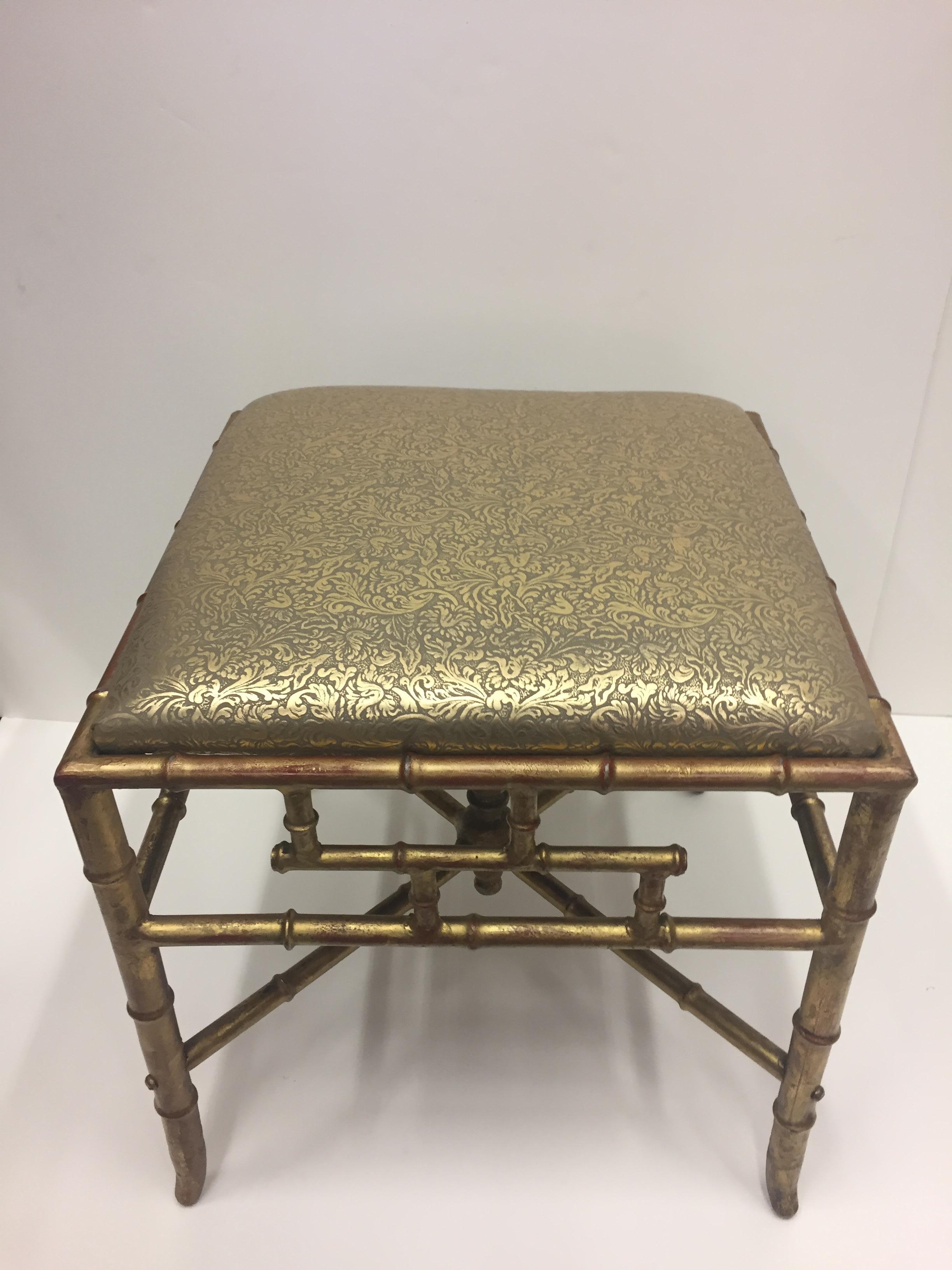 Glamorous Gilt Iron Faux Bamboo Ottoman Bench with Sexy Embossed Leather Top In Excellent Condition In Hopewell, NJ