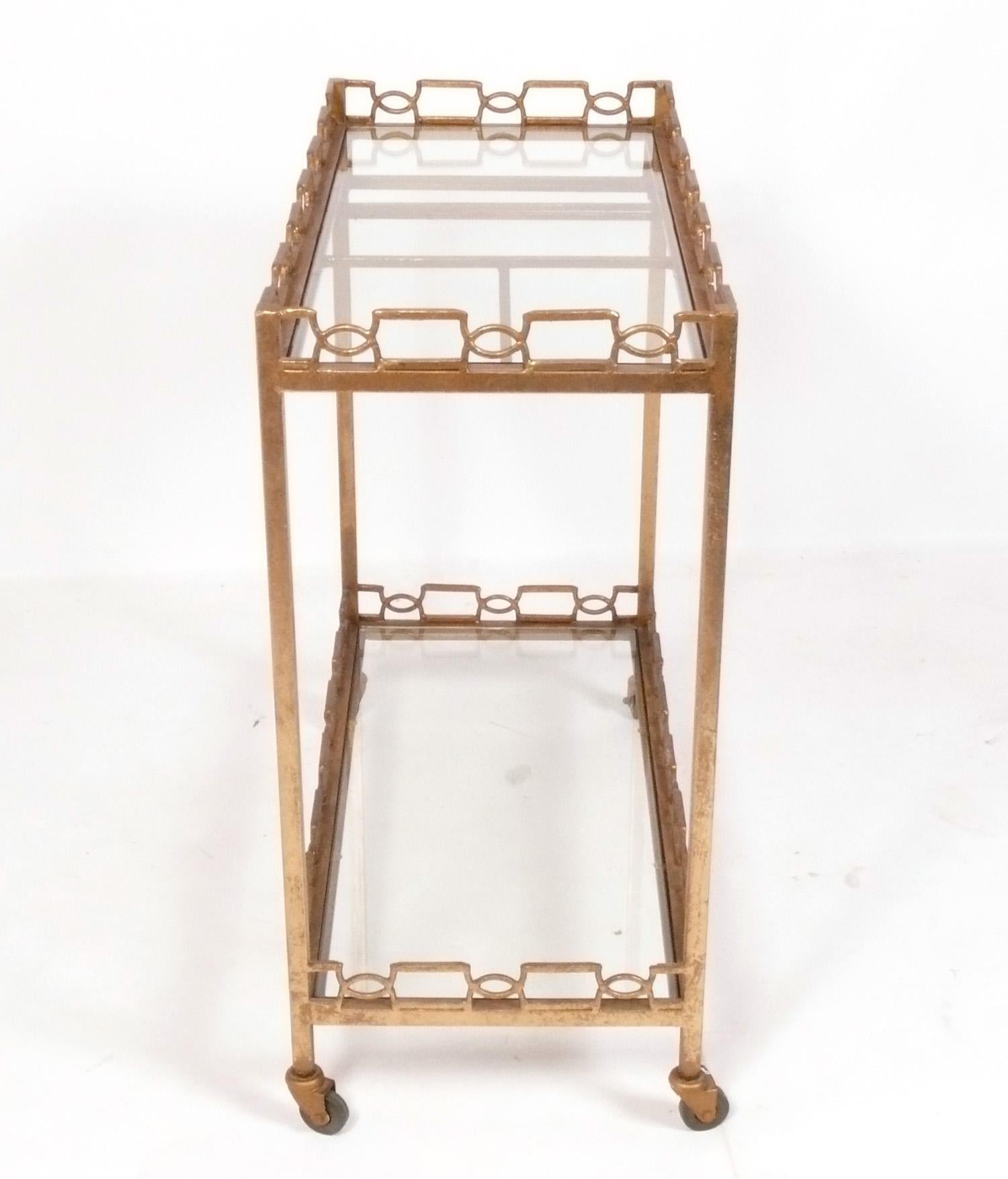 Hollywood Regency Glamorous Gilt Metal Bar Cart For Sale