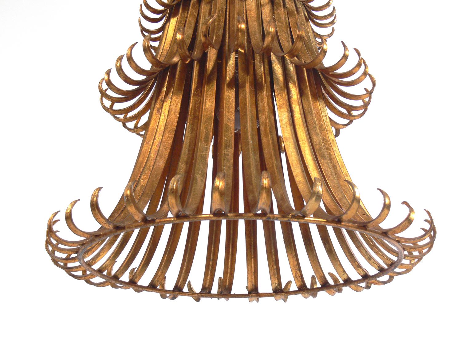 Glamorous gilt metal chandelier or pendant, Italian, circa 1950s. Rewired. Takes one bulb 75 watt max recommended. The gilt metal pendant itself measures 21.5