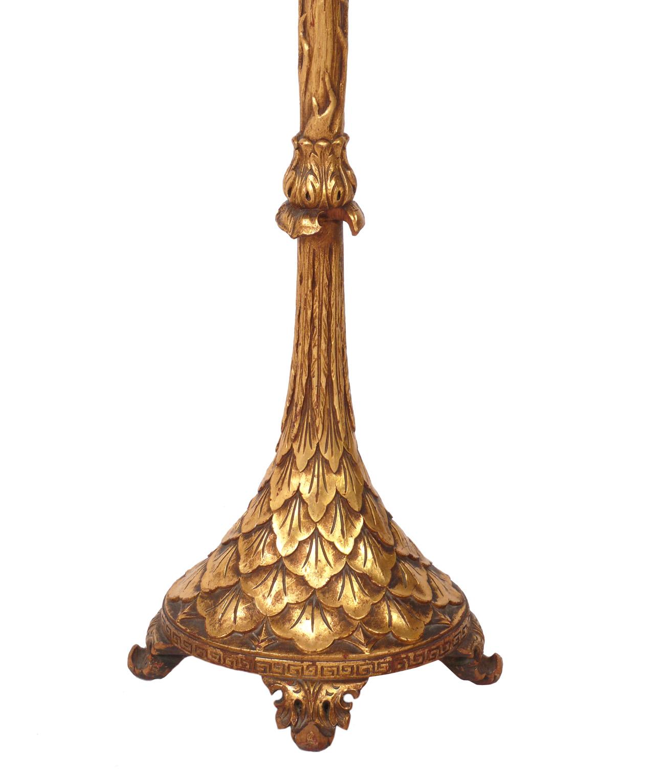 Glamorous gilt wood floor lamp, American, circa 1930s. Retains wonderful original patina to gilt wood finish. It has been rewired and is ready to use. The price noted includes the shade.
