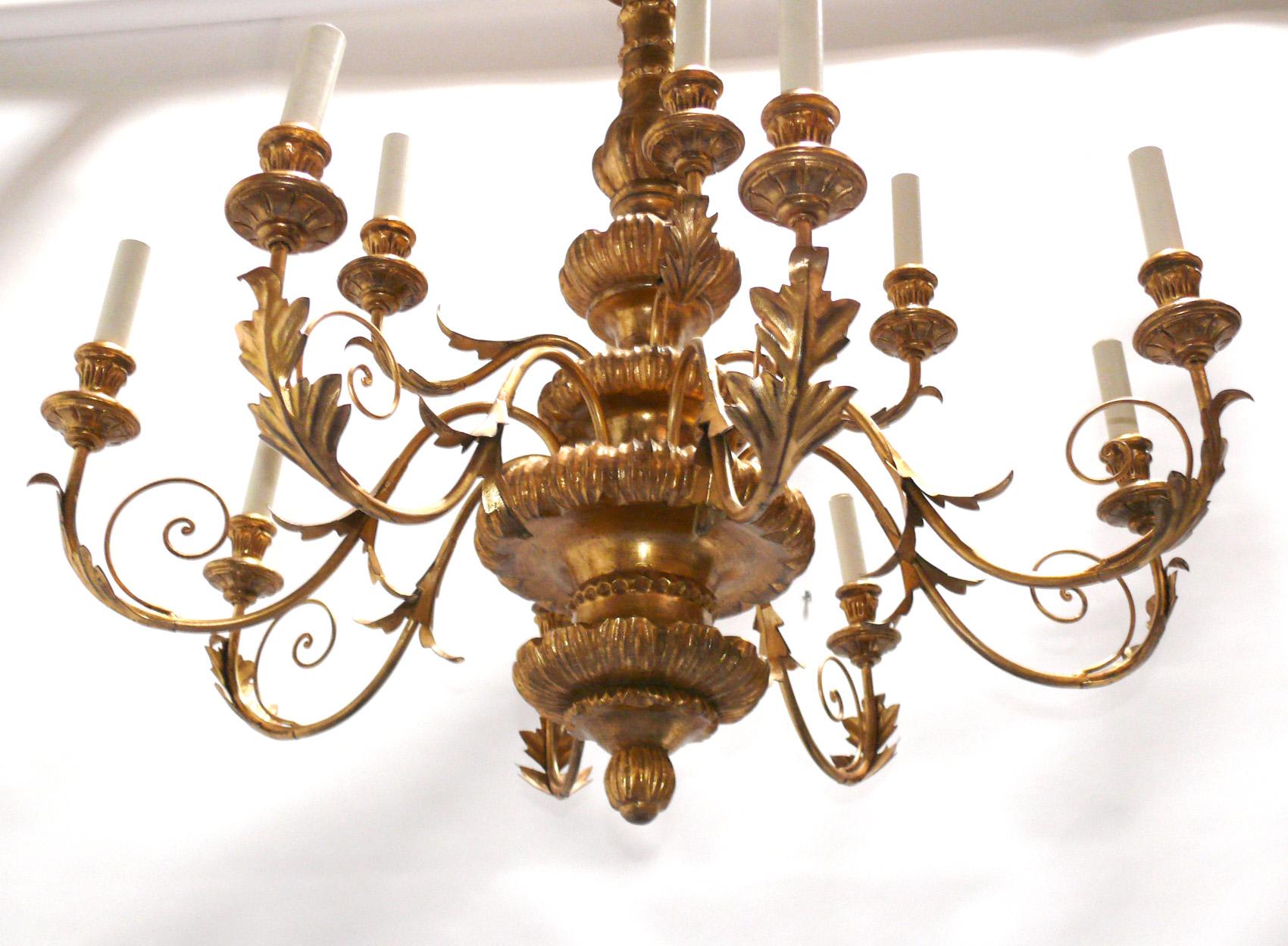 Glamorous giltwood Italian chandelier, Italian, circa 1990s. It has been rewired and is ready to mount. It measures an impressive 34.5
