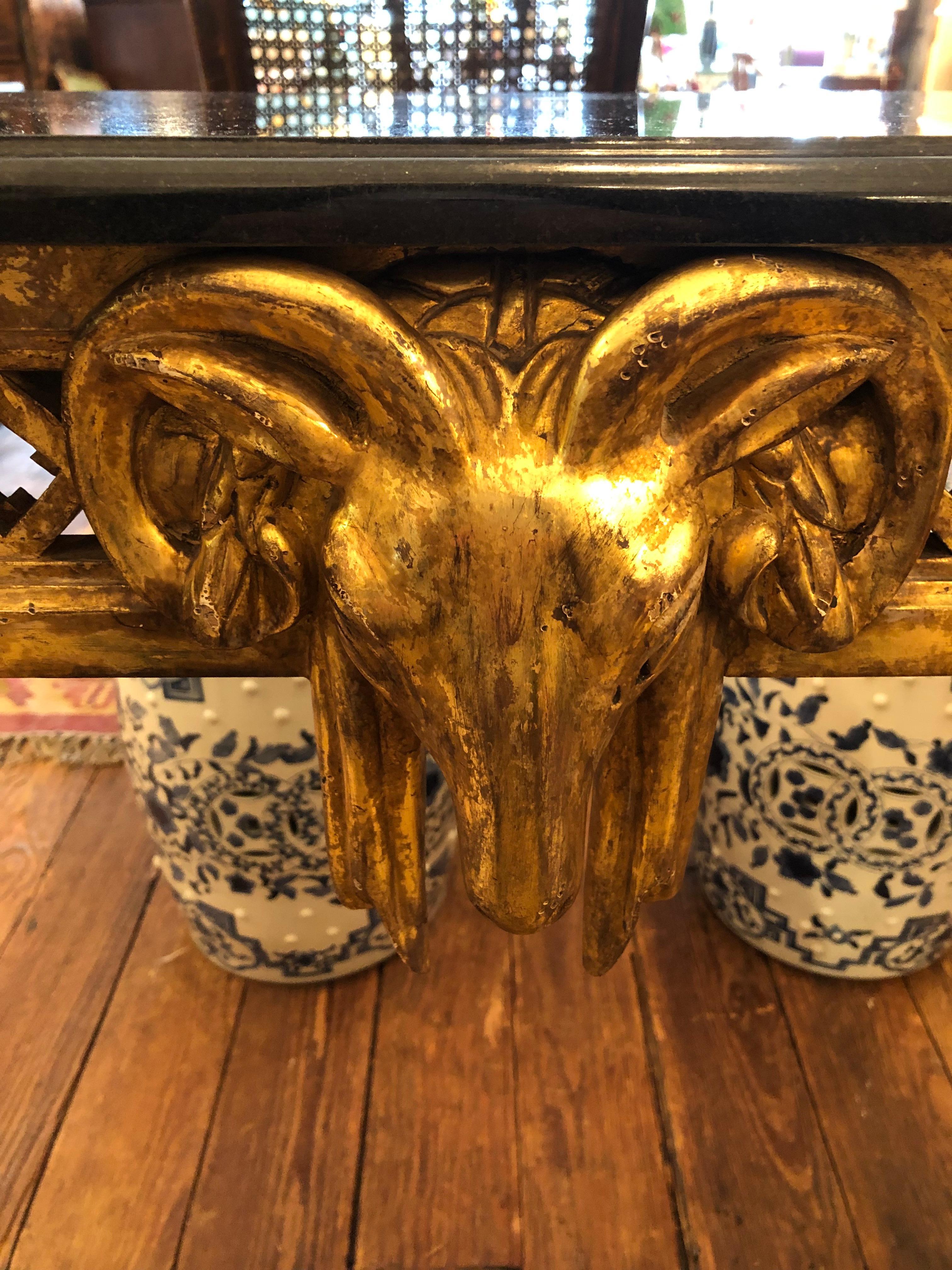 Glamorous Giltwood Ram Motif Console with Black Marble Top 4