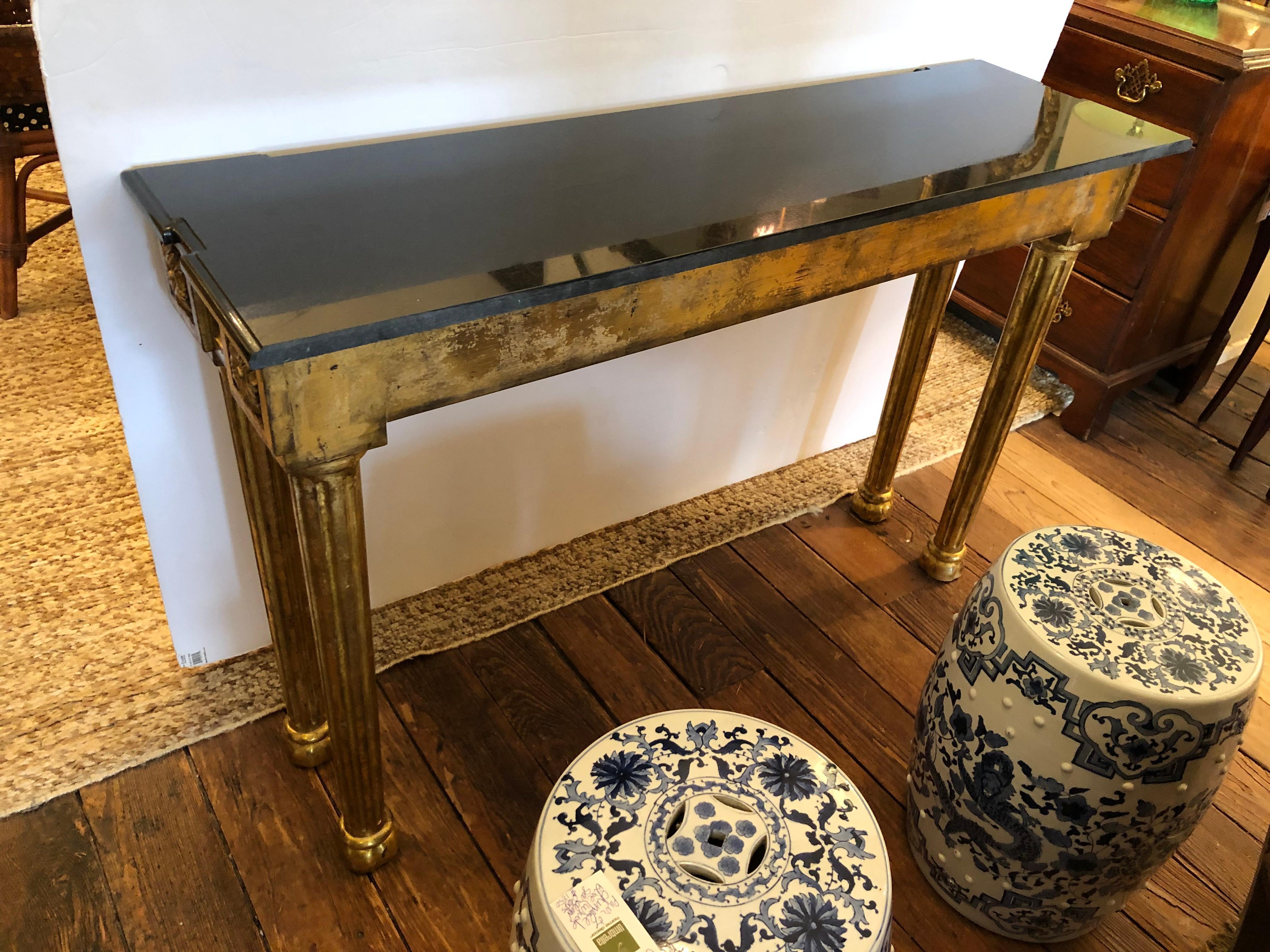 Glamorous Giltwood Ram Motif Console with Black Marble Top In Good Condition In Hopewell, NJ