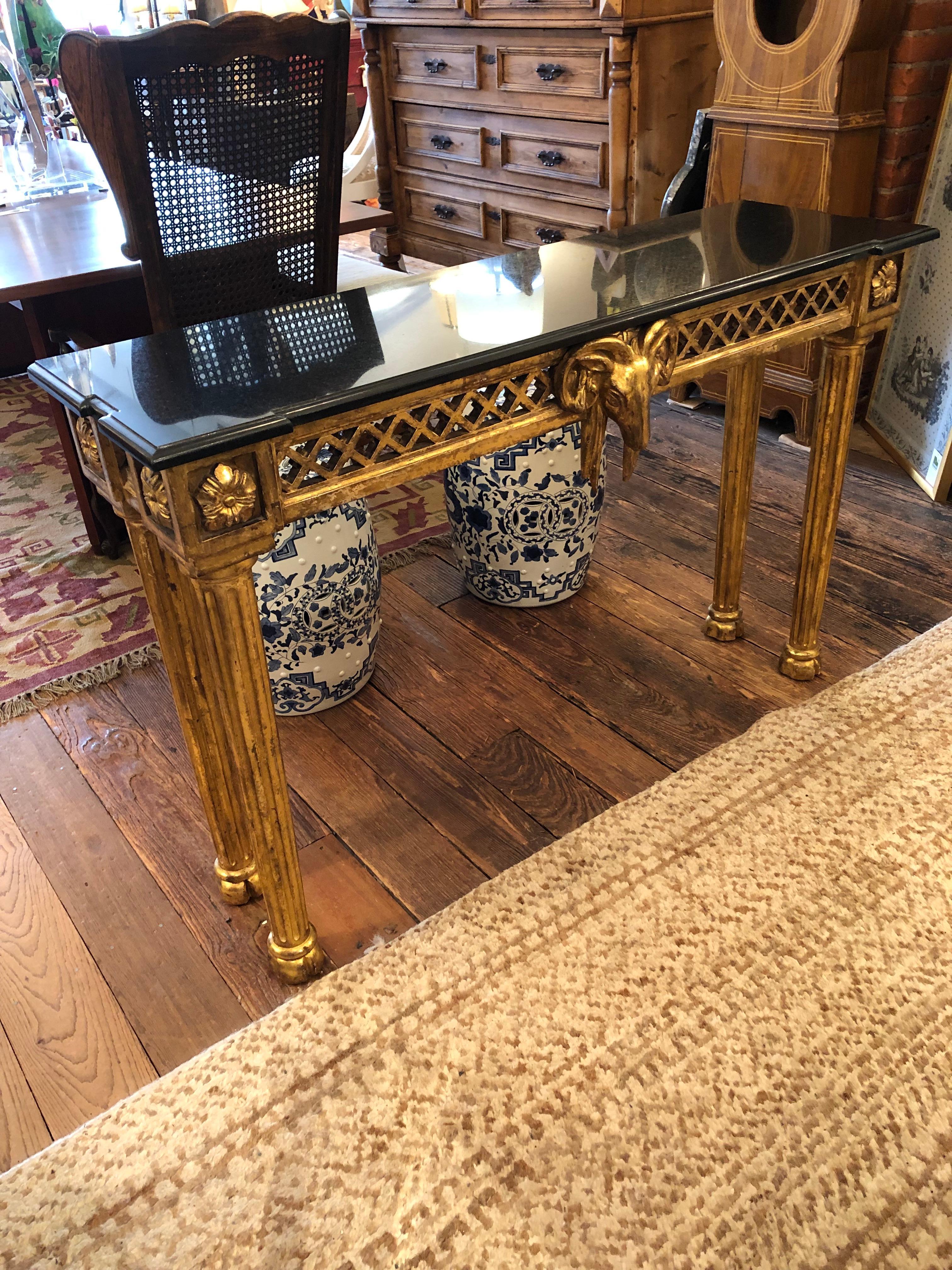 Glamorous Giltwood Ram Motif Console with Black Marble Top 3