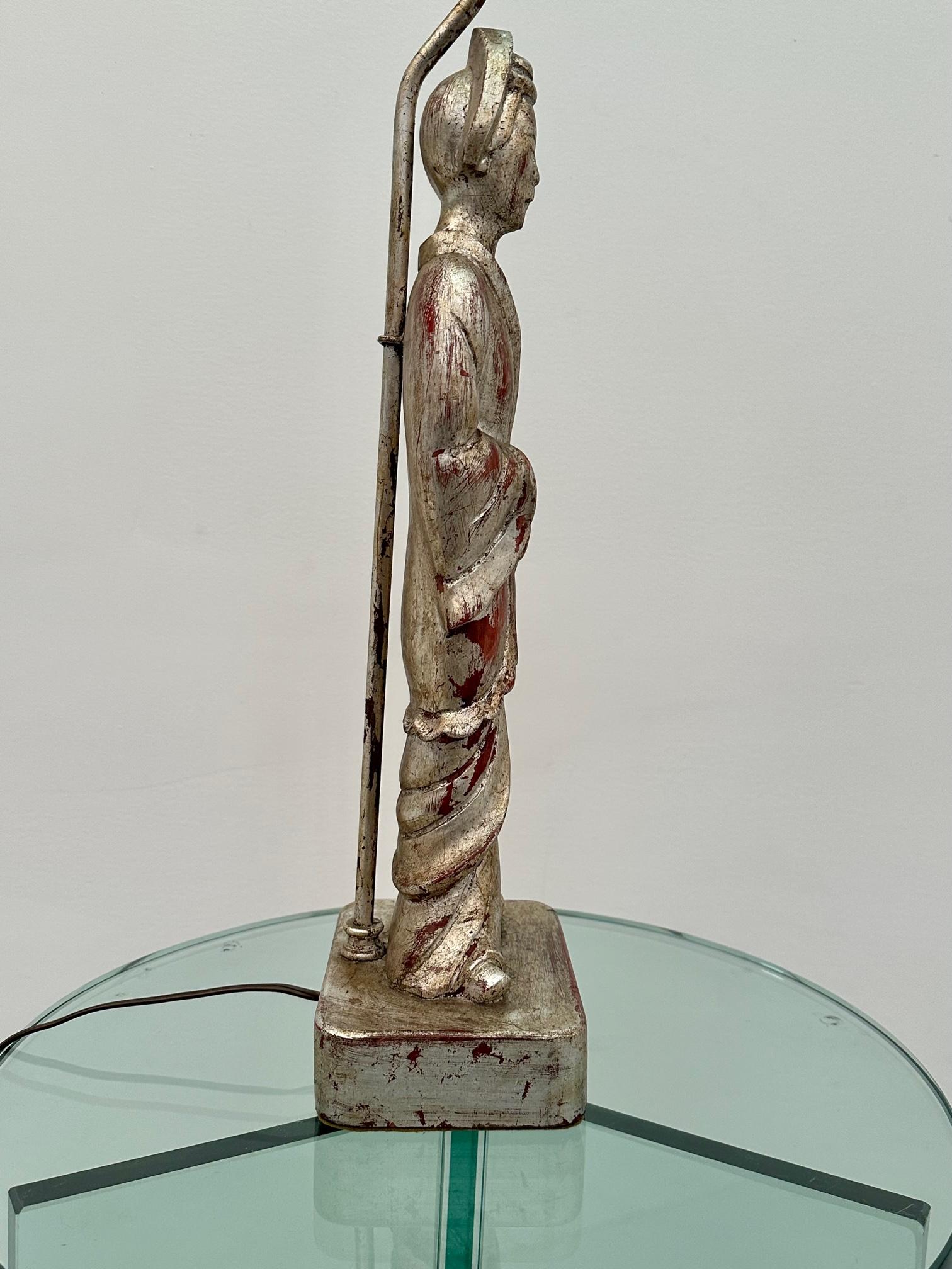 Glamorous Hand Carved Figural Silverleaf Table Lamp in the Style of James Mont For Sale 6