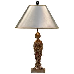 Glamouröse handgeschnitzte figurale Blattsilber-Tischlampe im Stil von James Mont