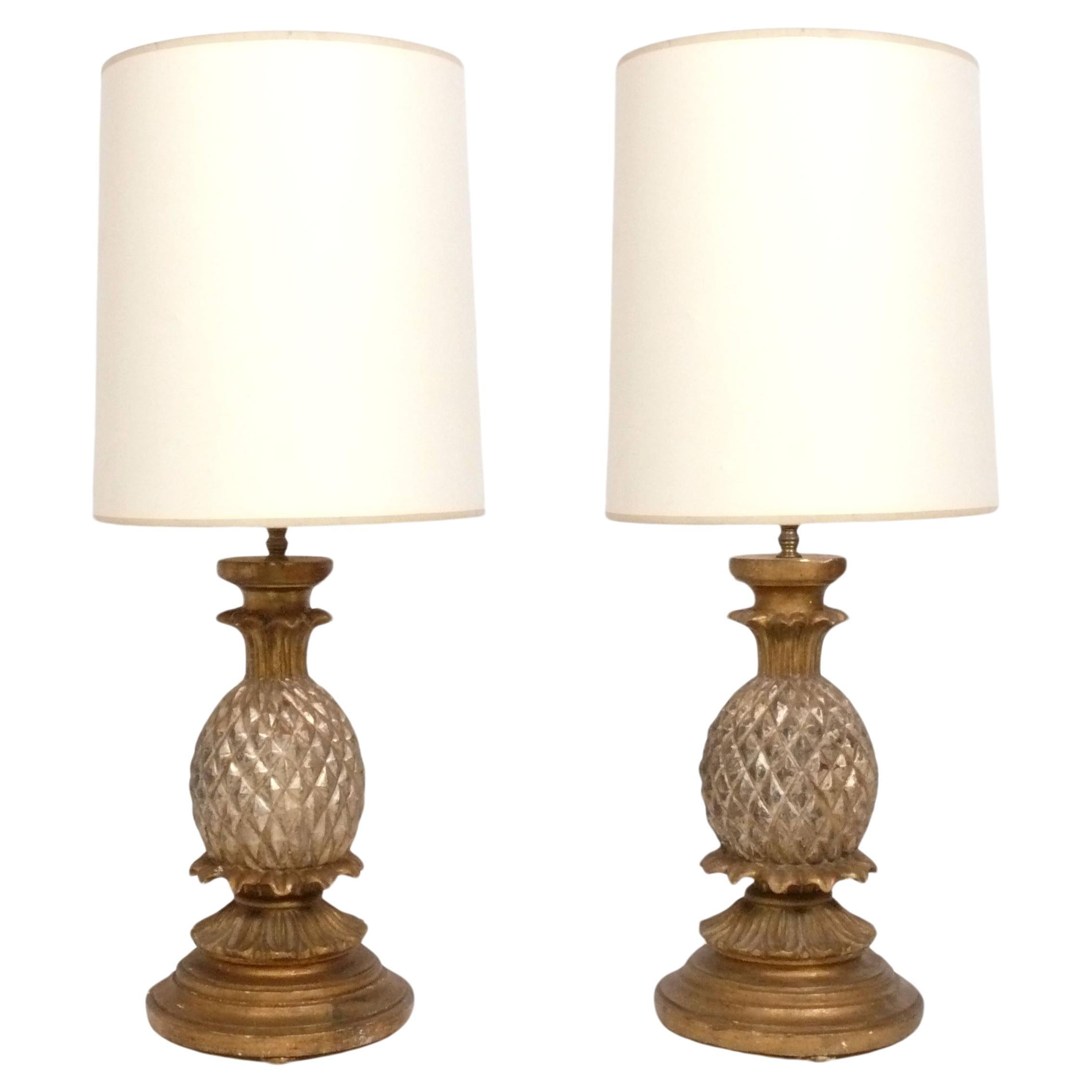 Glamorous Hollywood Regency French Gold and Silver Leaf Pineapple Lamps