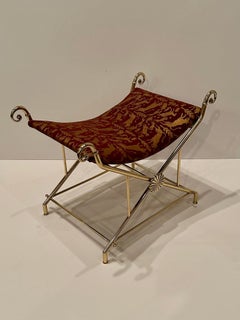 Glamorous Hollywood Regency Italian Brass Bench with Printed Leather Upholstery