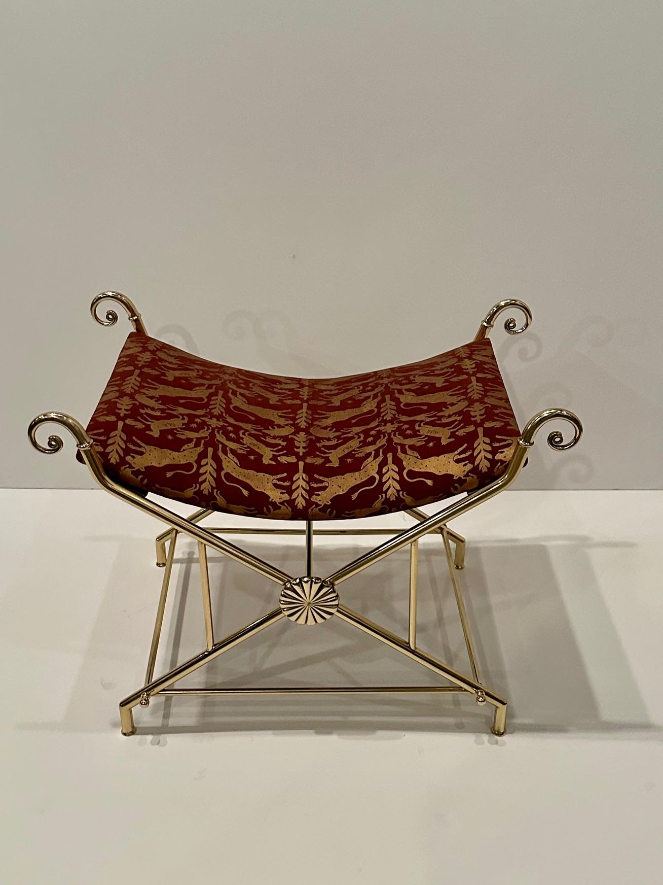 Late 20th Century Glamorous Hollywood Regency Italian Brass Bench with Printed Leather Upholstery For Sale