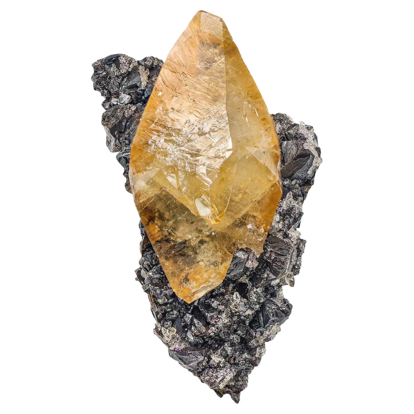 Glamouröser honigfarbener Calcitkristall auf Sphaleritmatrix aus Afghanistan