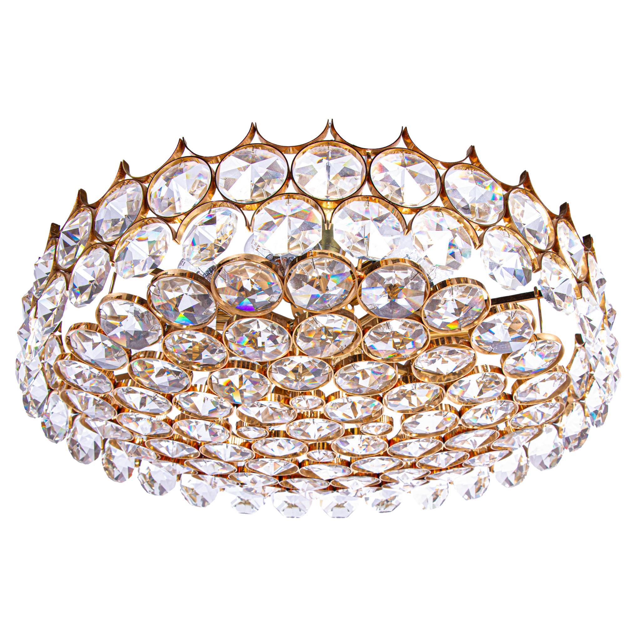 Glamorous Palwa 27" Semi Flush Mount Chandelier Swarovski Crystal & Brass, 1960s For Sale