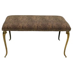 Vintage Glamorous Italian Brass Rectangular Bench Upholstered in Chic Leopard Ultrasuede