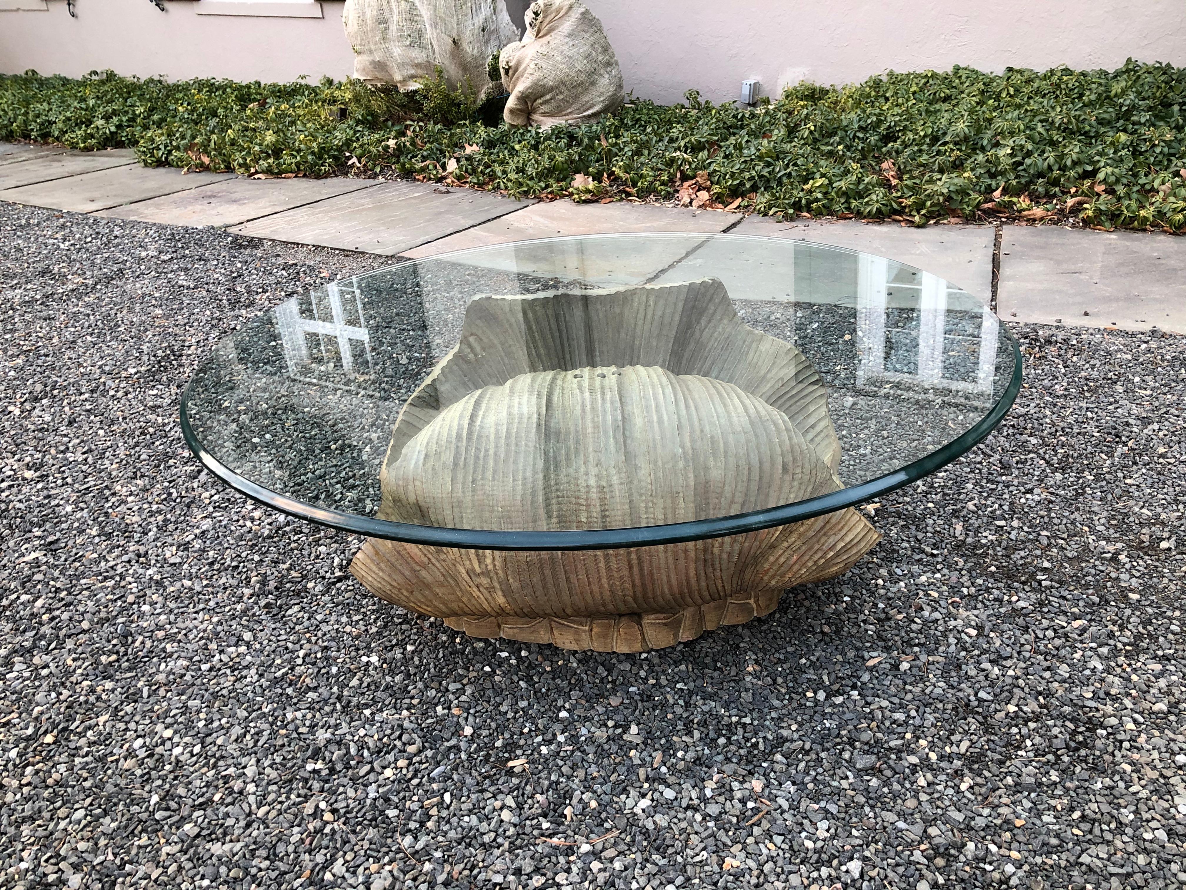 Glamorous Italian Carved Shell Base Coffee Table with Pearl and Round Glass Top 1