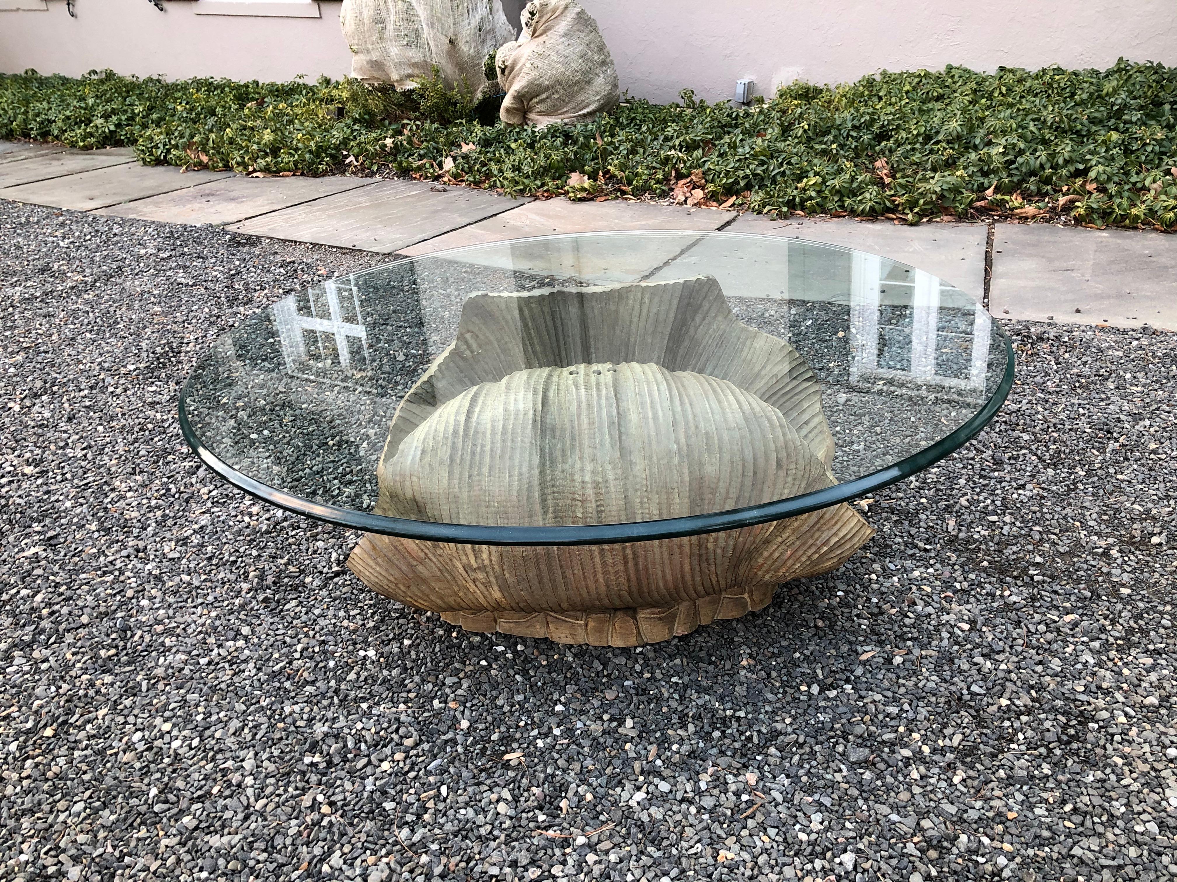 Glamorous Italian Carved Shell Base Coffee Table with Pearl and Round Glass Top In Good Condition In Hopewell, NJ