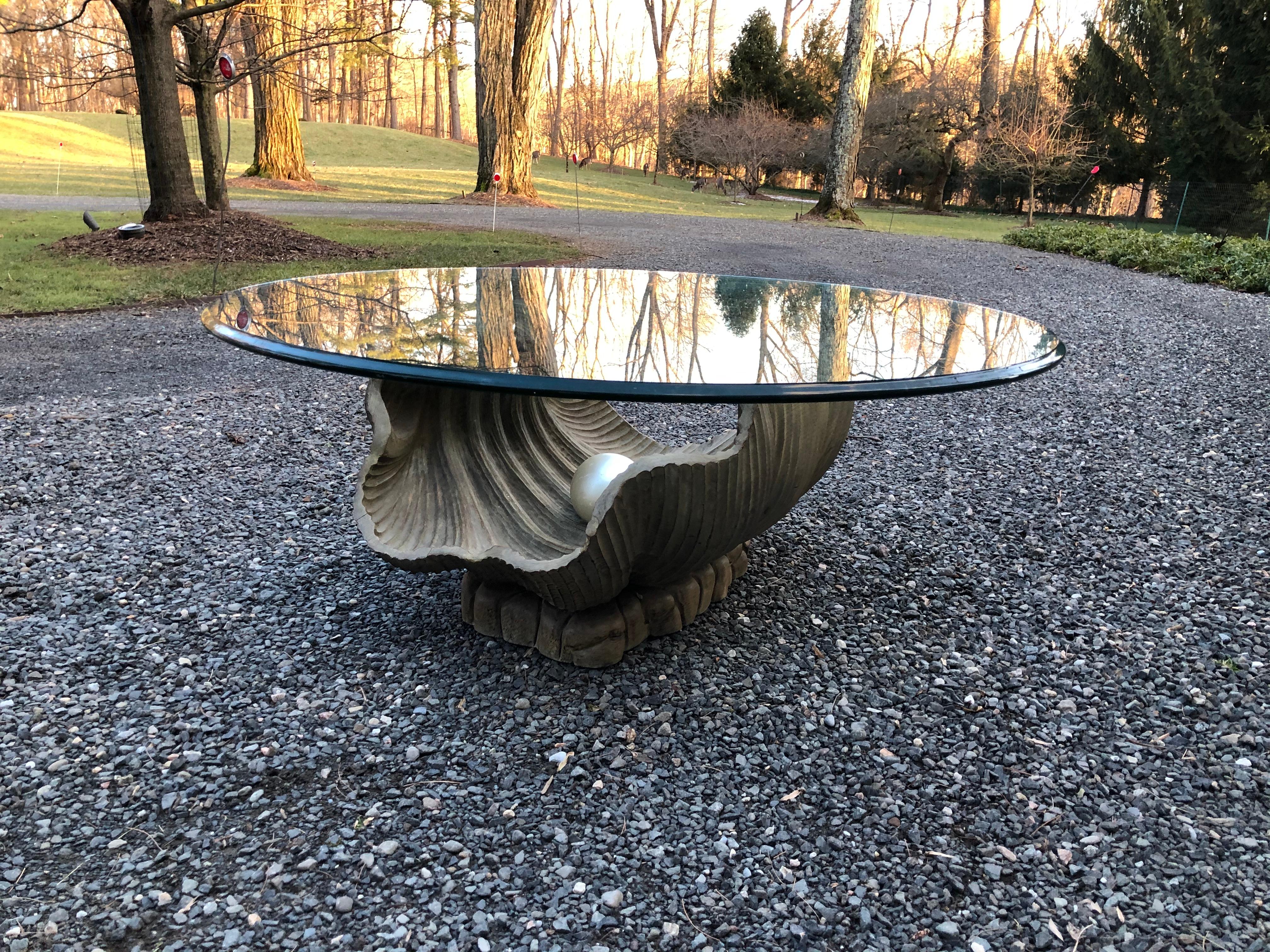 Glamorous Italian Carved Shell Base Coffee Table with Pearl and Round Glass Top 4