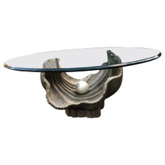 Glamorous Italian Carved Shell Base Coffee Table with Pearl and Round Glass Top