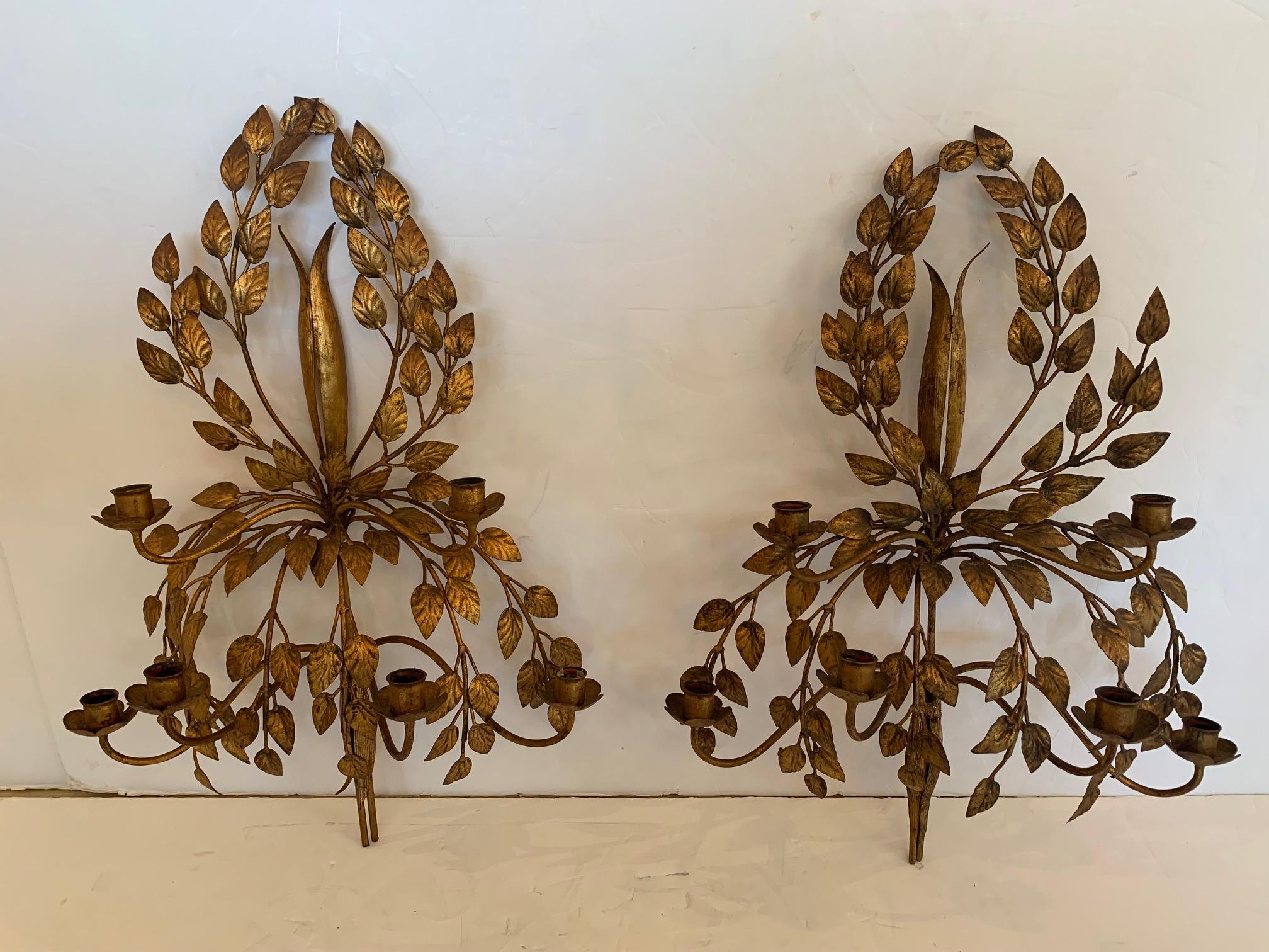 Glamorous Italian Gilded Iron & Tole Leaf Motife Candelabra Sconces In Good Condition For Sale In Hopewell, NJ