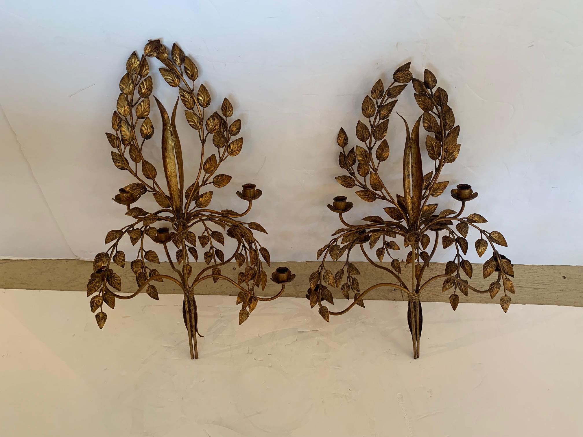 Glamorous Italian Gilded Iron & Tole Leaf Motife Candelabra Sconces For Sale 1
