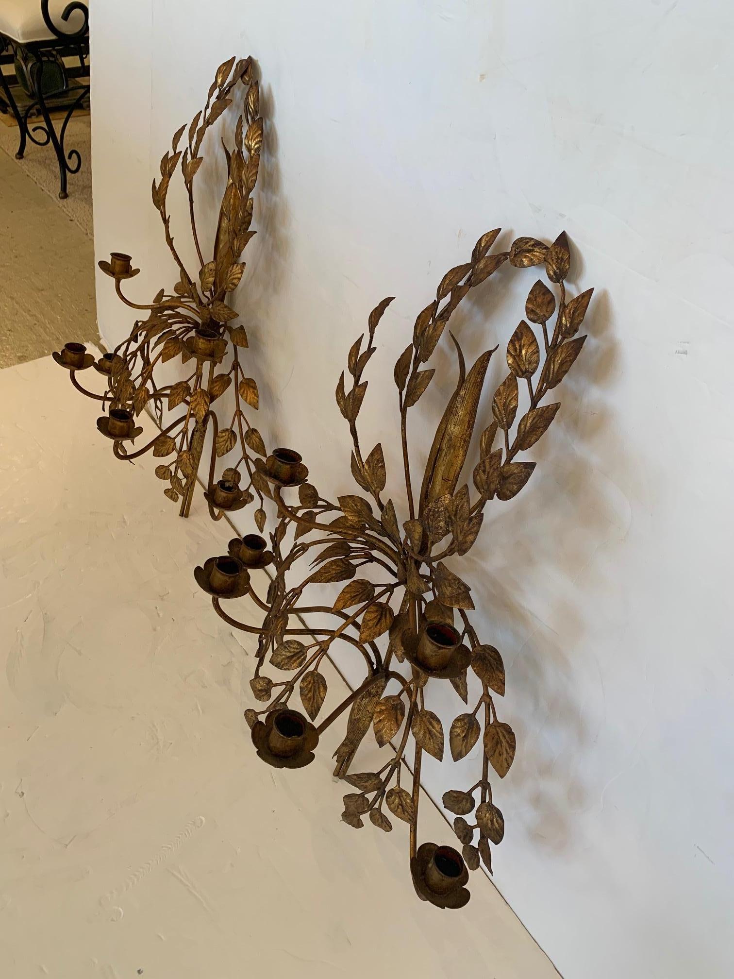 Glamorous Italian Gilded Iron & Tole Leaf Motife Candelabra Sconces For Sale 3