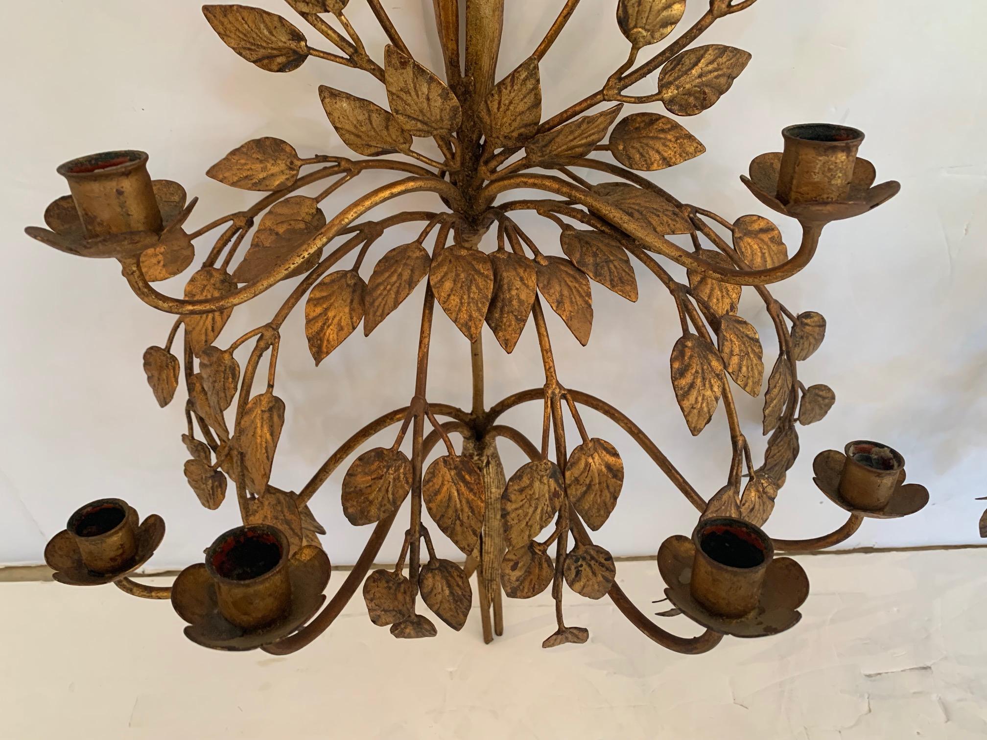 Glamorous Italian Gilded Iron & Tole Leaf Motife Candelabra Sconces For Sale 4