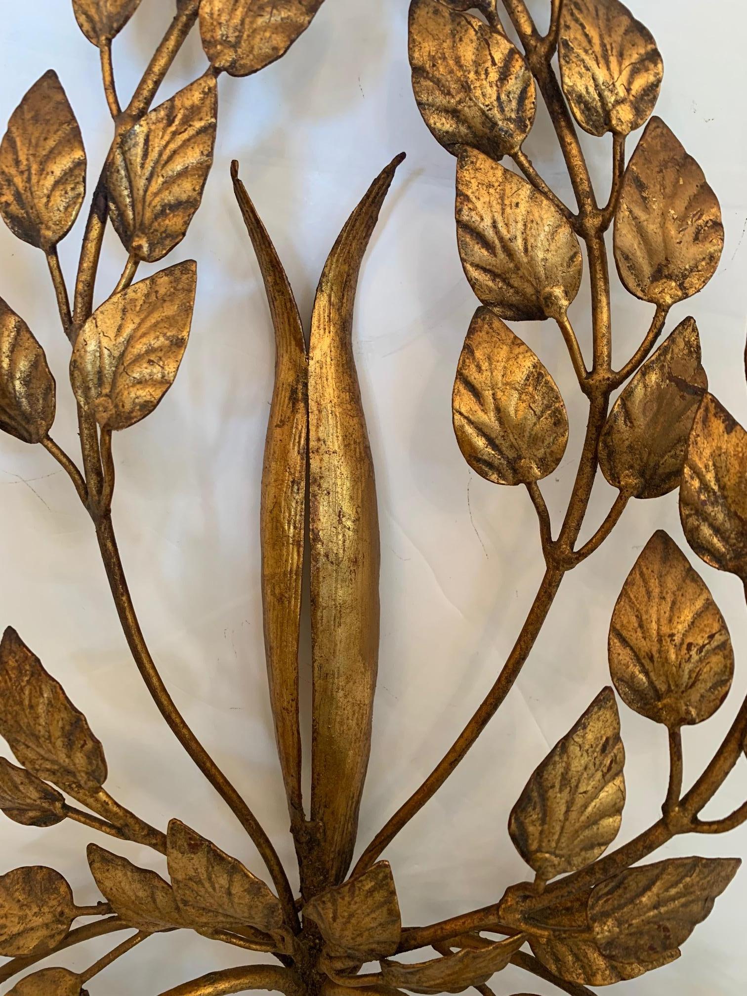 Glamorous Italian Gilded Iron & Tole Leaf Motife Candelabra Sconces For Sale 5