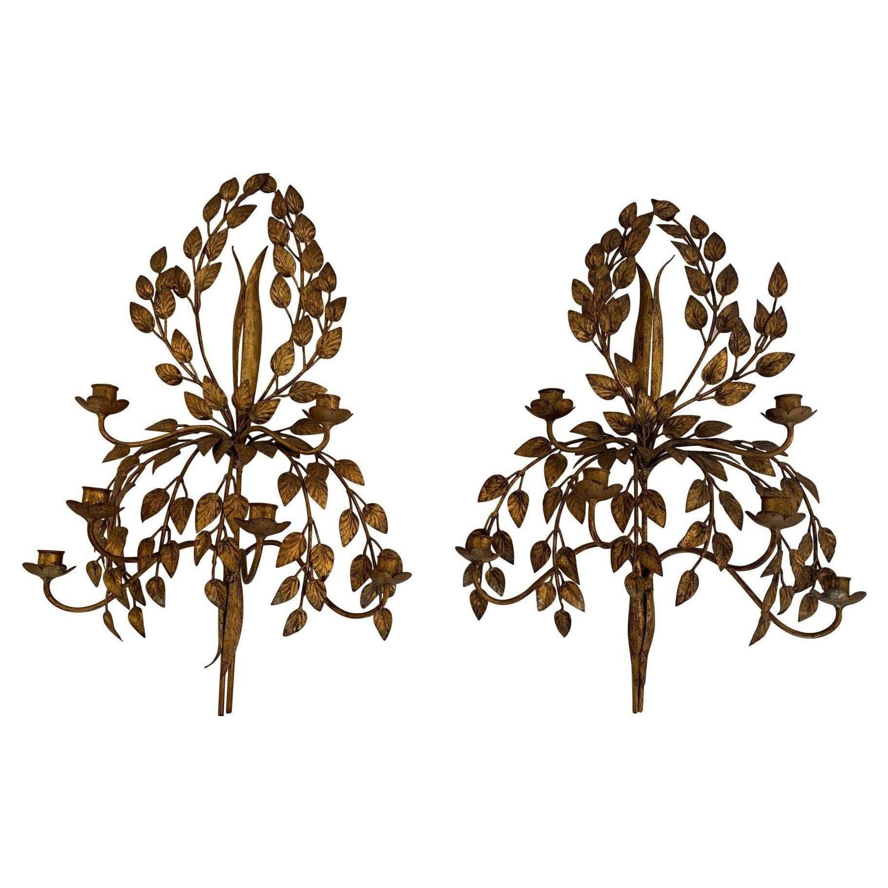 Glamorous Italian Gilded Iron & Tole Leaf Motife Candelabra Sconces For Sale