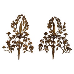 Vintage Glamorous Italian Gilded Iron & Tole Leaf Motife Candelabra Sconces