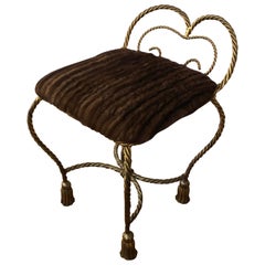 Glamorous Italian Giltiron Tassel Motife Stool or Bench with Mink Upholstery
