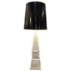 Glamorous Italian White Ceramic Obelisk Table Lamp with Black Laquered Shade
