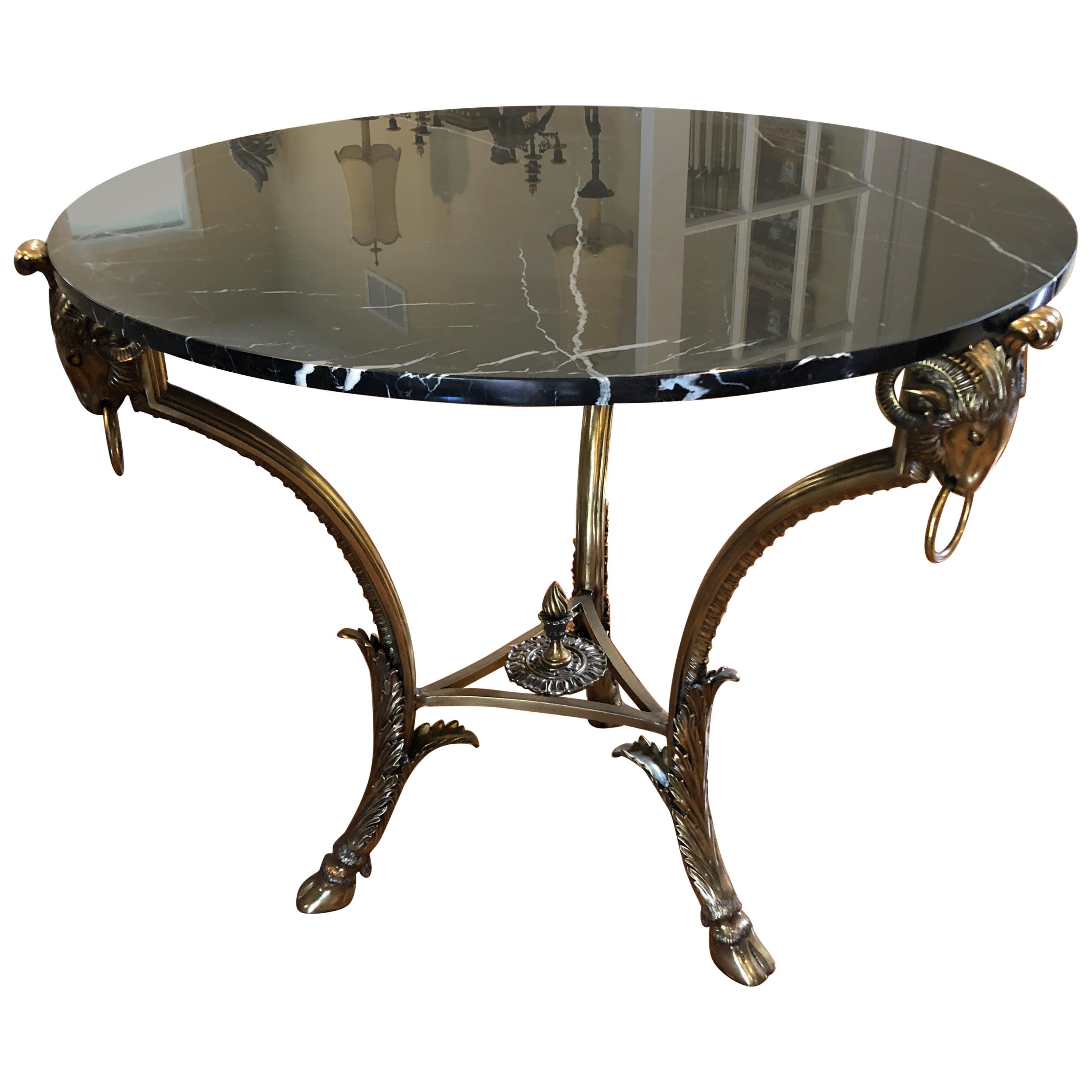 Glamorous LaBarge Black Marble With Ram's Head Motif Brass Centre Round Table