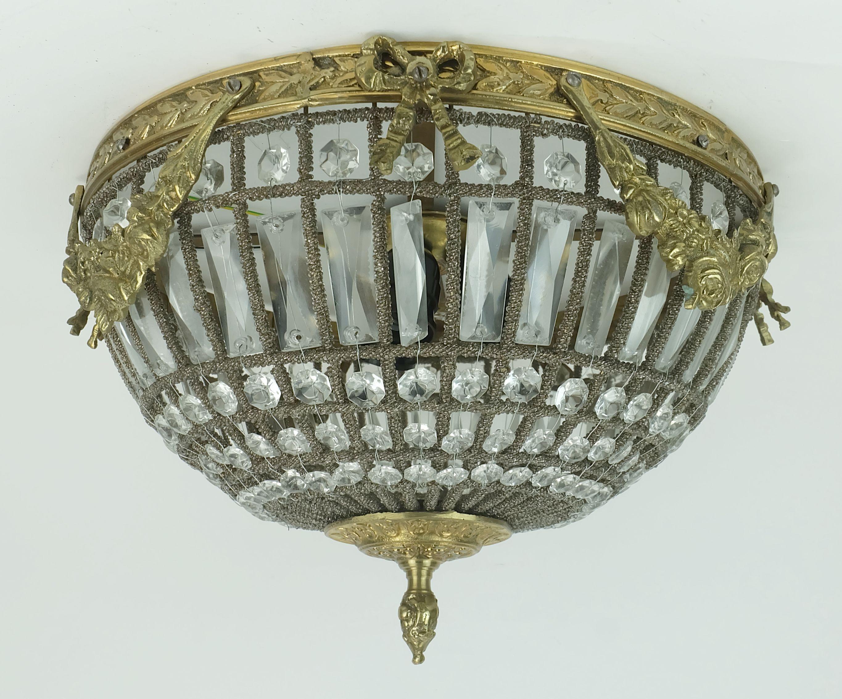 Metallo glamorous large 1960s CEILING LAMP ceiling fixture glass crystals bronze in vendita