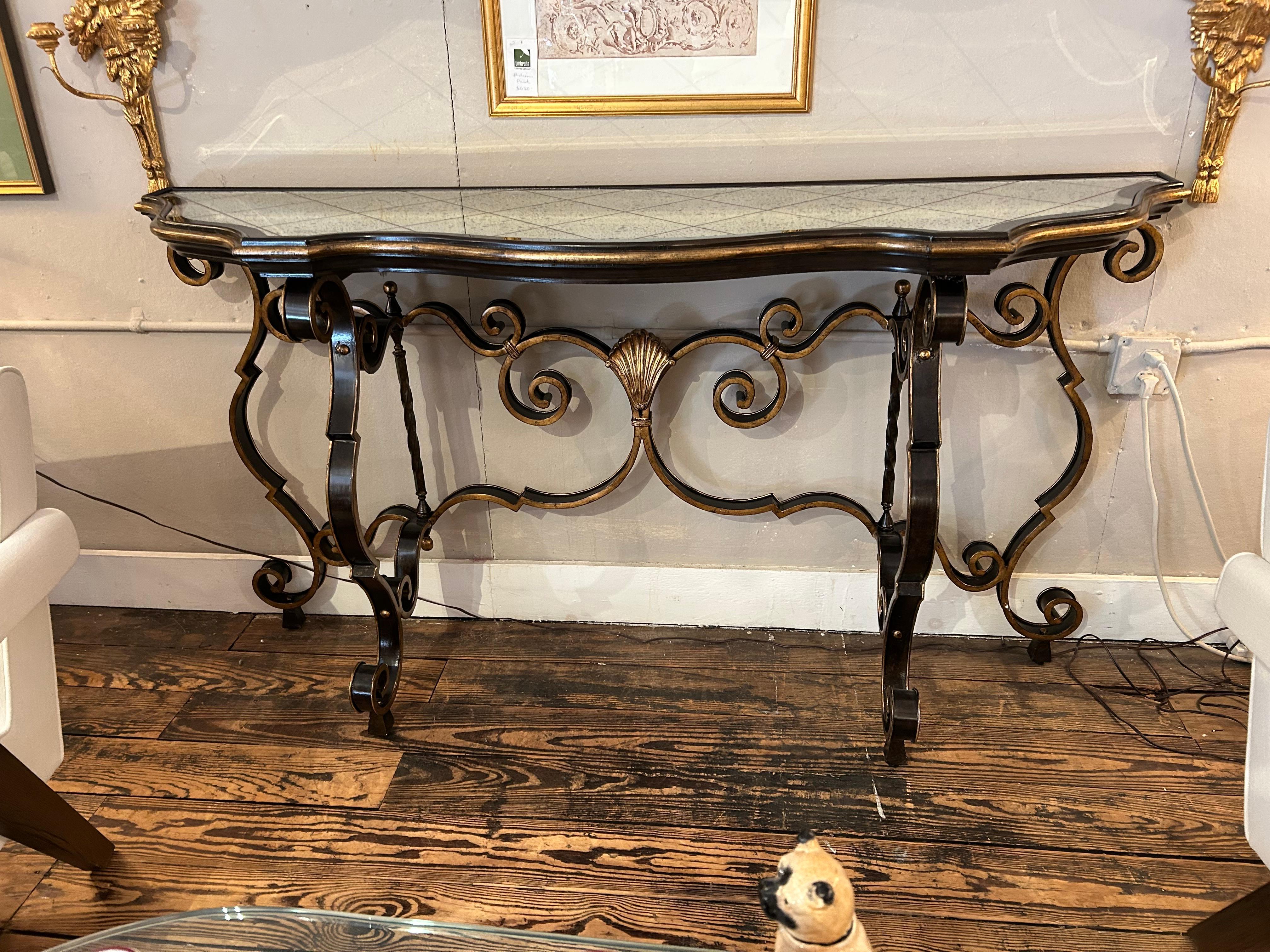 Glamorous Large Black & Gold Hollywood Regency Iron Console with Aged Mirror Top For Sale 5