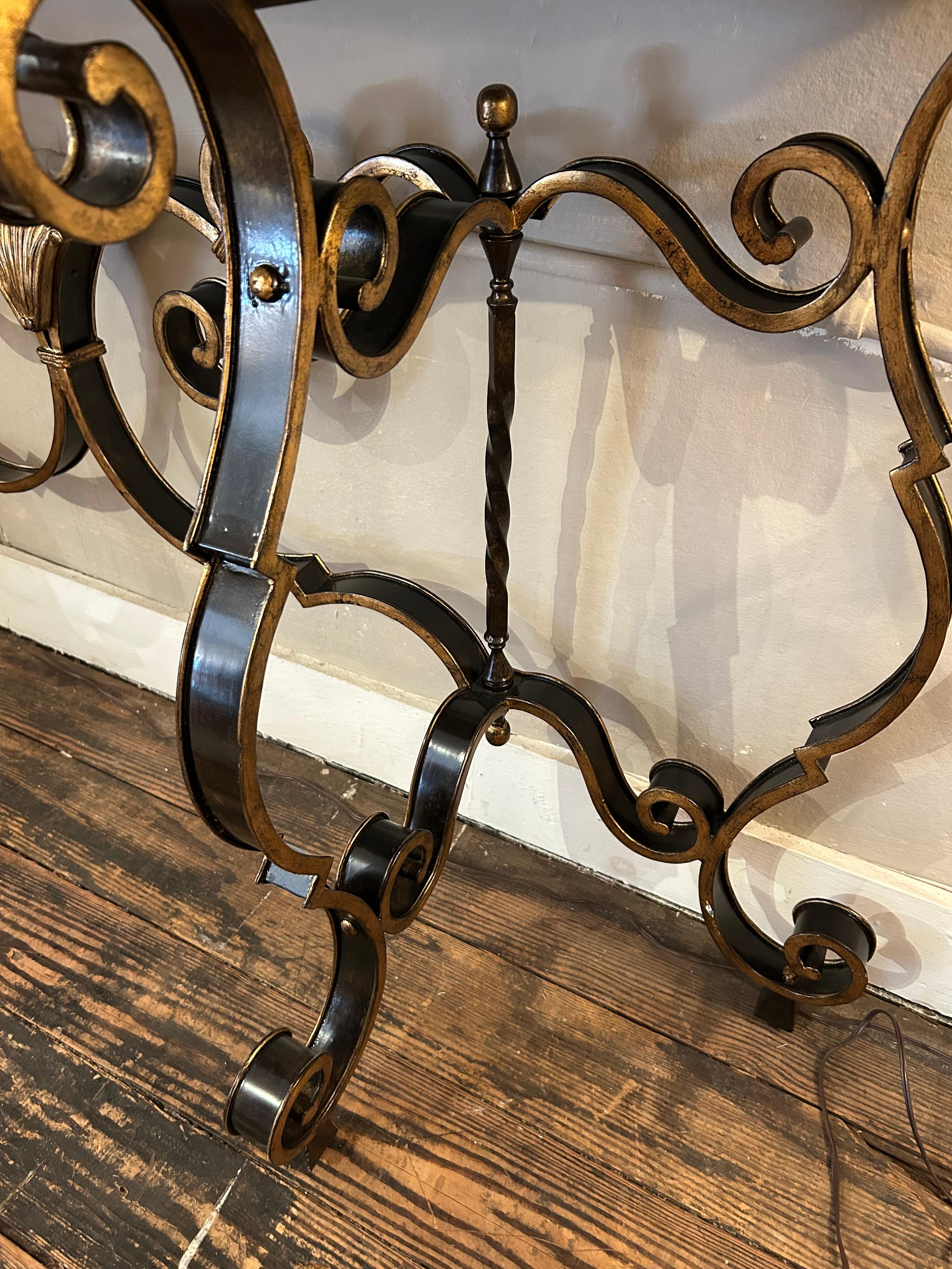 Glamorous Large Black & Gold Hollywood Regency Iron Console with Aged Mirror Top For Sale 6