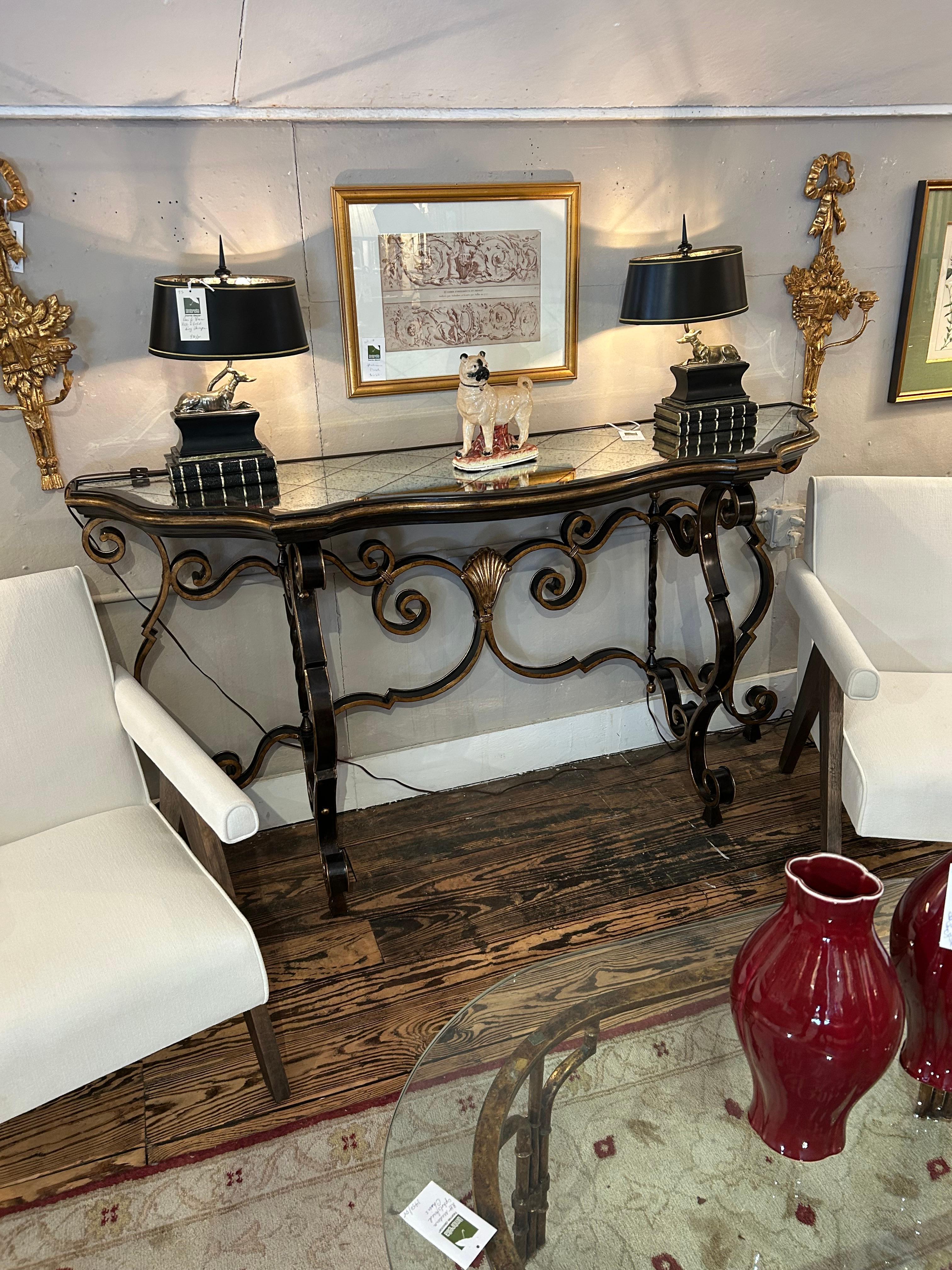 Glamorous Large Black & Gold Hollywood Regency Iron Console with Aged Mirror Top For Sale 7