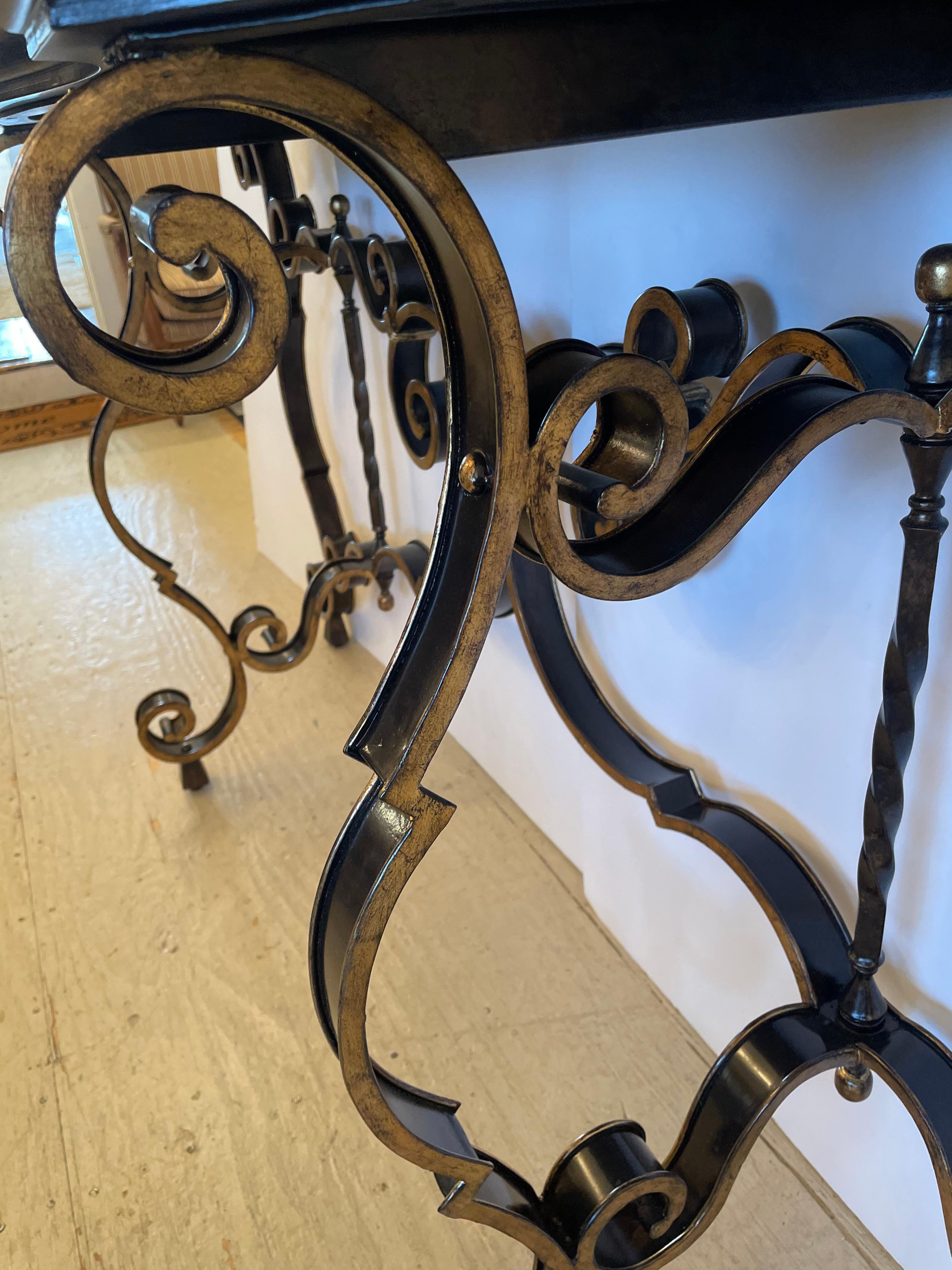 Glamorous Large Black & Gold Hollywood Regency Iron Console with Aged Mirror Top For Sale 2