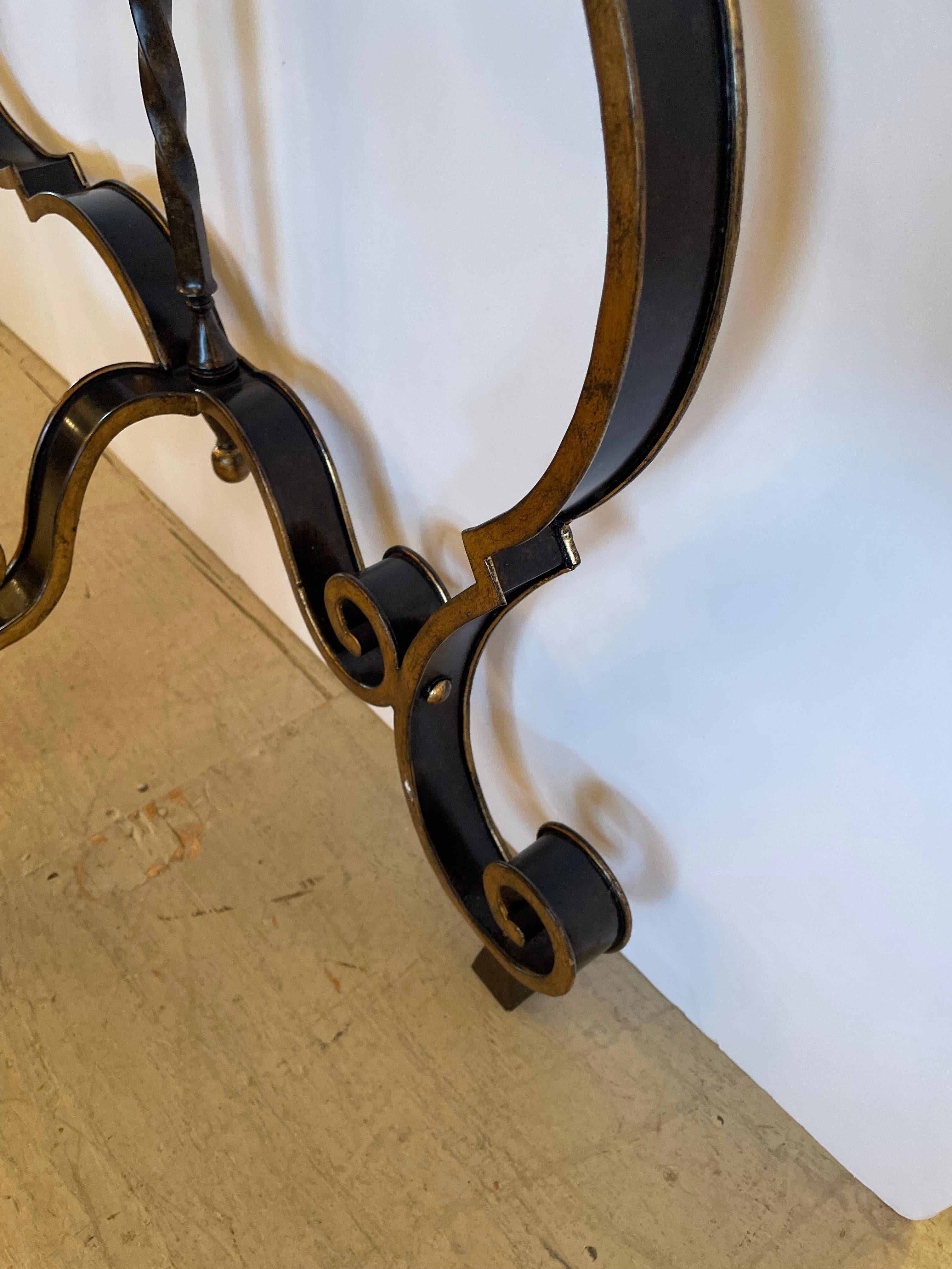 Glamorous Large Black & Gold Hollywood Regency Iron Console with Aged Mirror Top For Sale 3