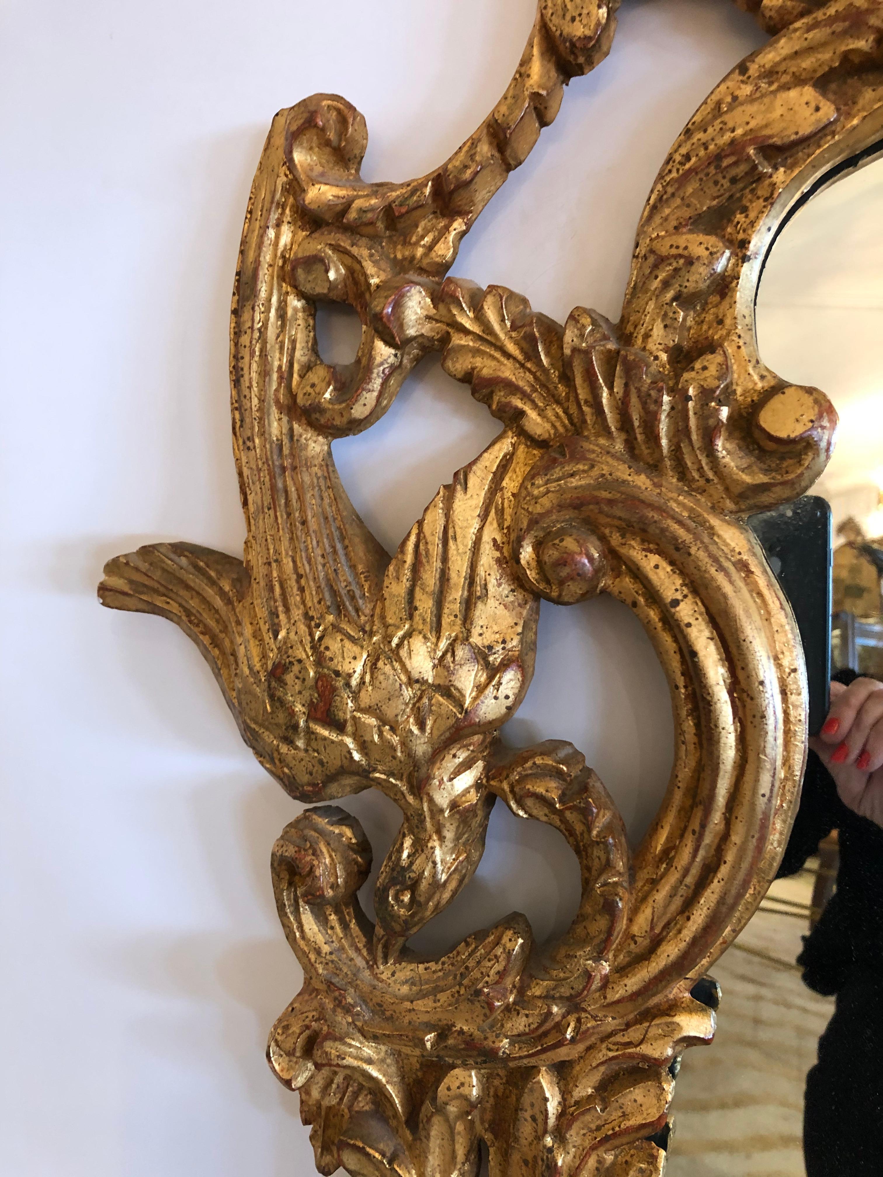 Glamorous Large Chinese Chippendale Gold Giltwood Mirror with Pagoda and Birds 2