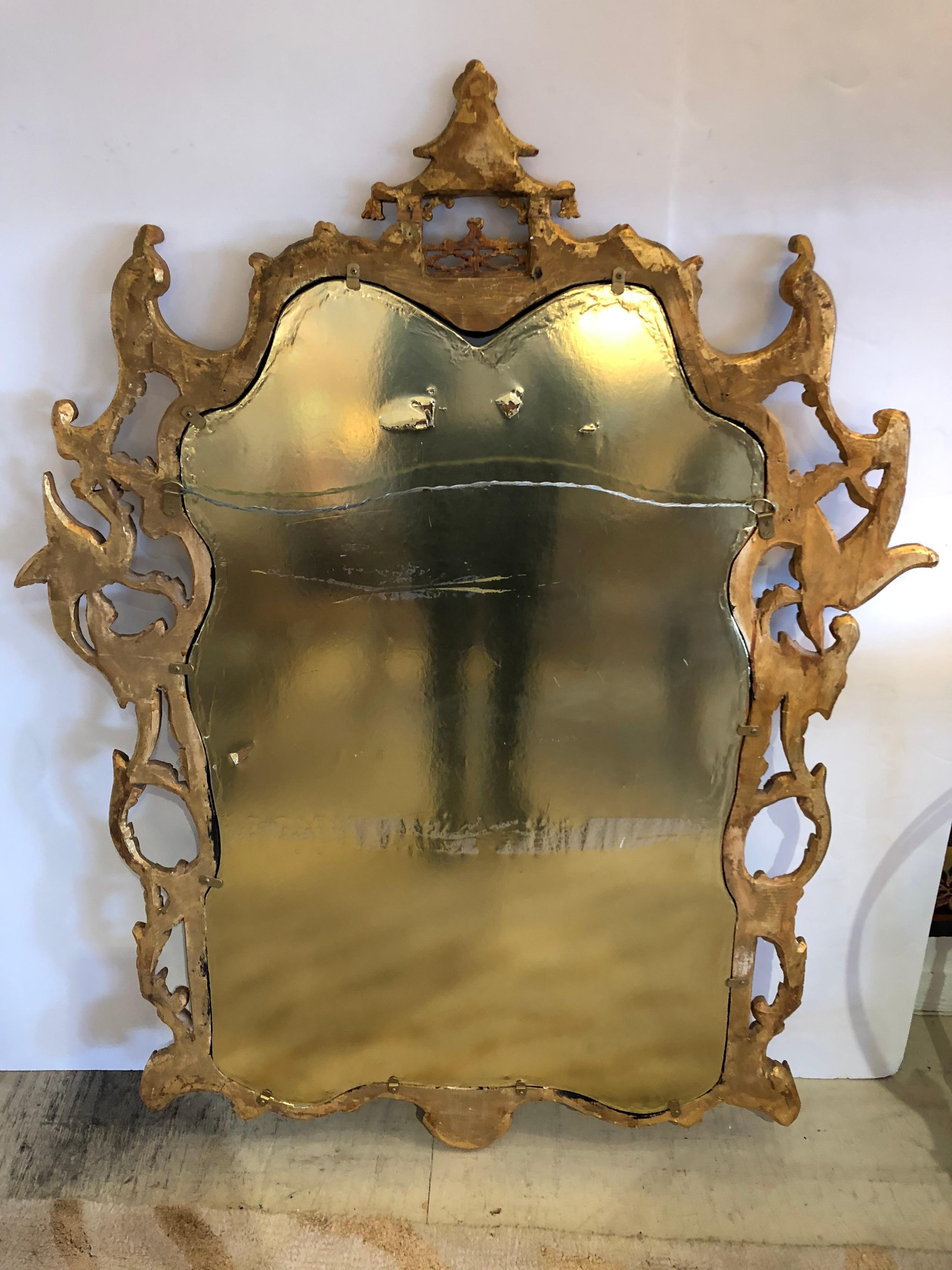 Glamorous Large Chinese Chippendale Gold Giltwood Mirror with Pagoda and Birds 3