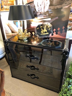 Glamorous Luxe Smoky Mirrored 3-Drawer Commode with Black Leather Trim