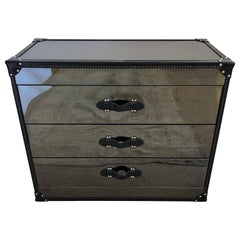 Glamorous Luxe Smoky Mirrored 3-Drawer Commode with Black Leather Trim