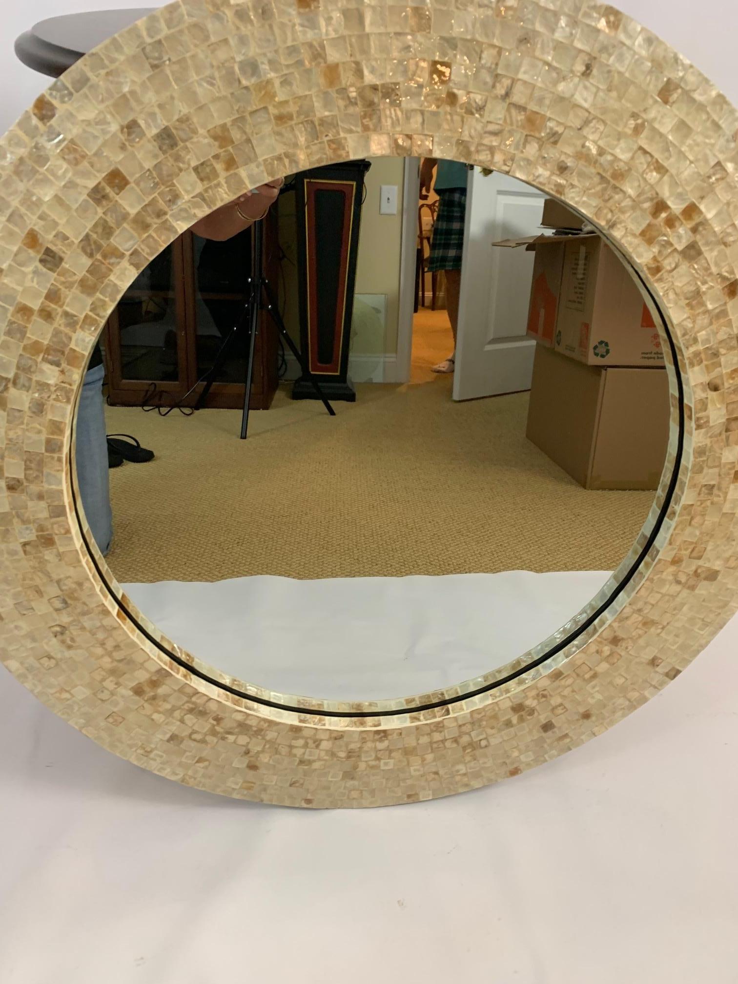 Philippine Glamorous Maitland Smith Mother of Pearl Mosaic Round Mirror For Sale