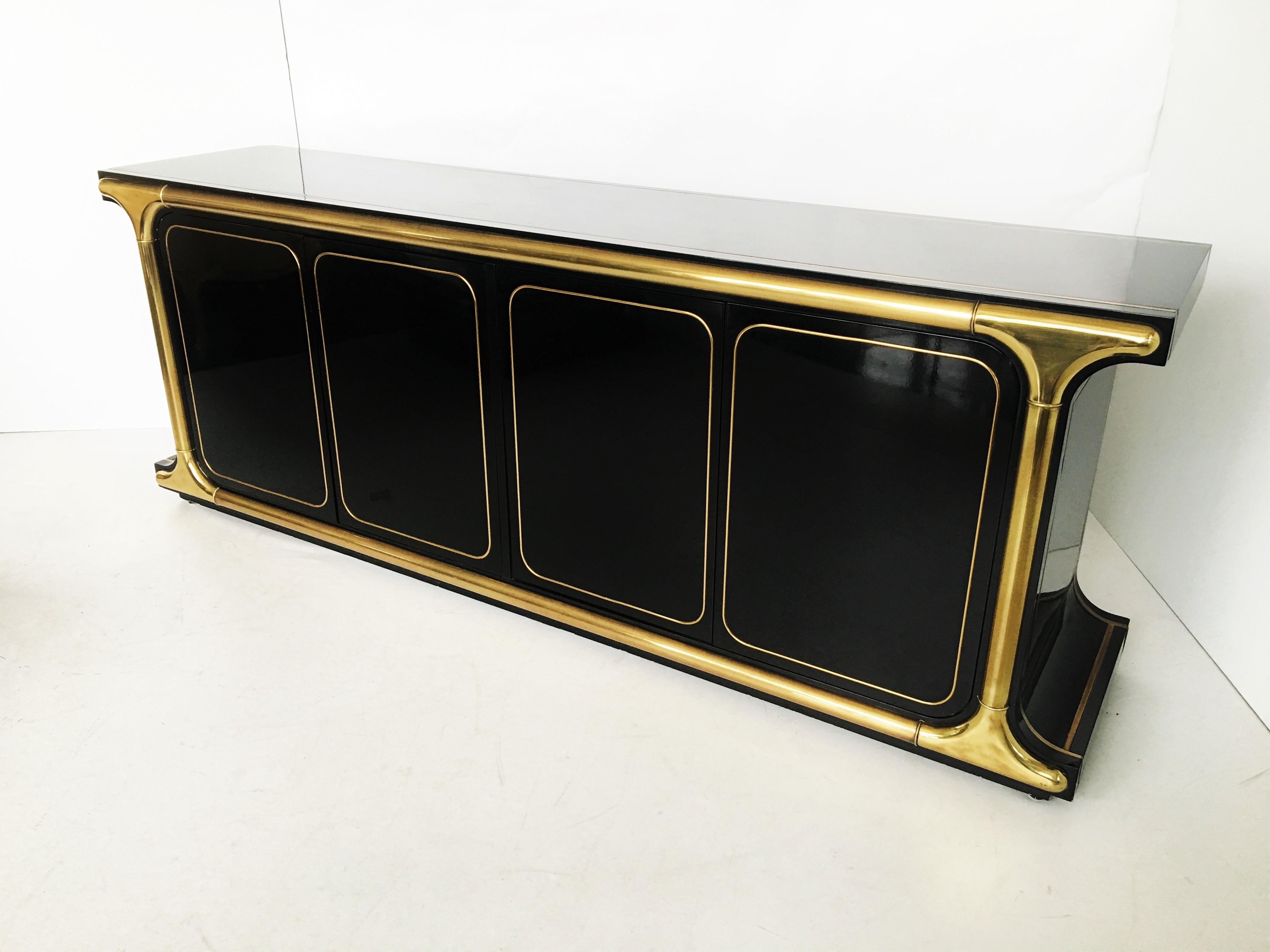 American Glamorous Mastercraft Black Lacquer and Brass Credenza For Sale