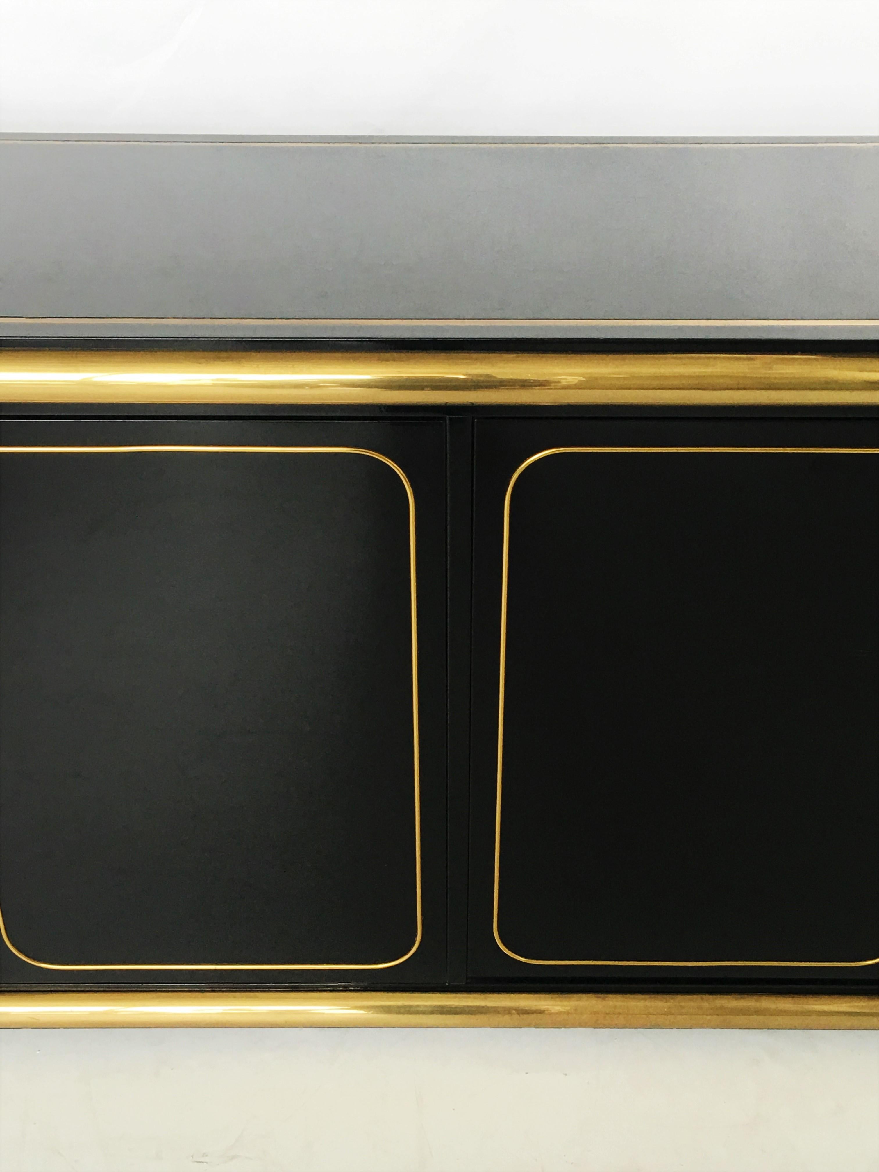 Glamorous Mastercraft Black Lacquer and Brass Credenza For Sale 3