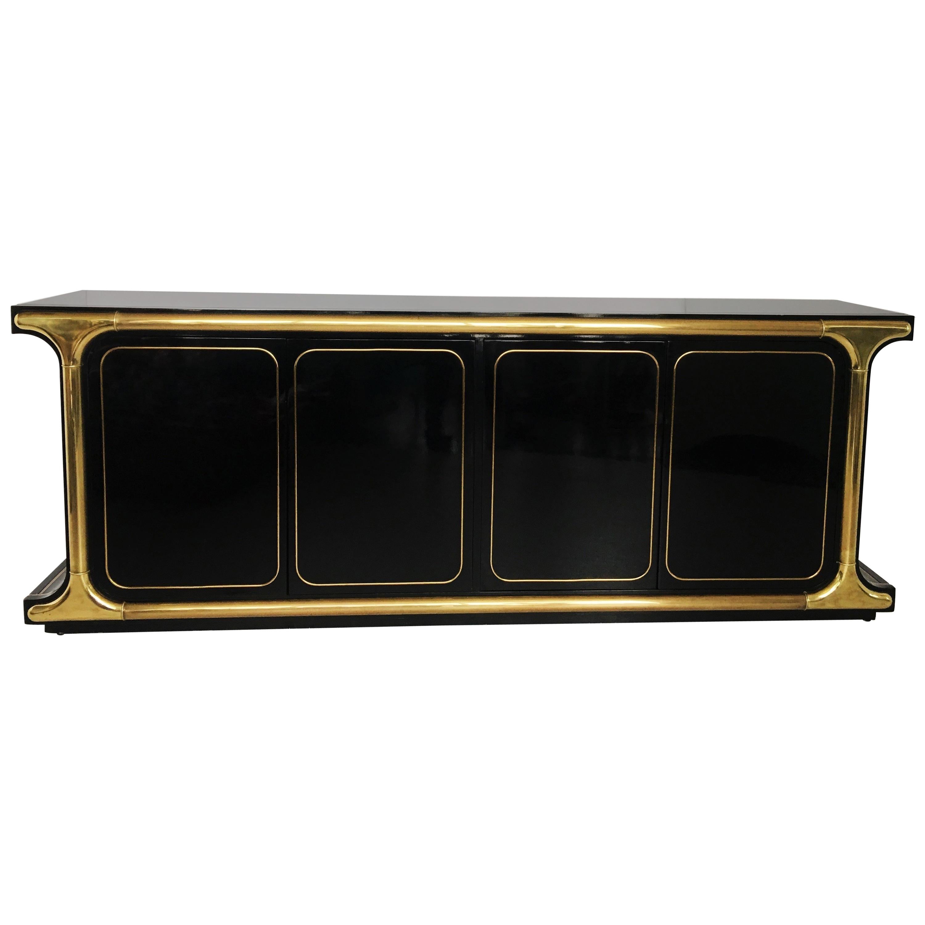 Glamorous Mastercraft Black Lacquer and Brass Credenza For Sale