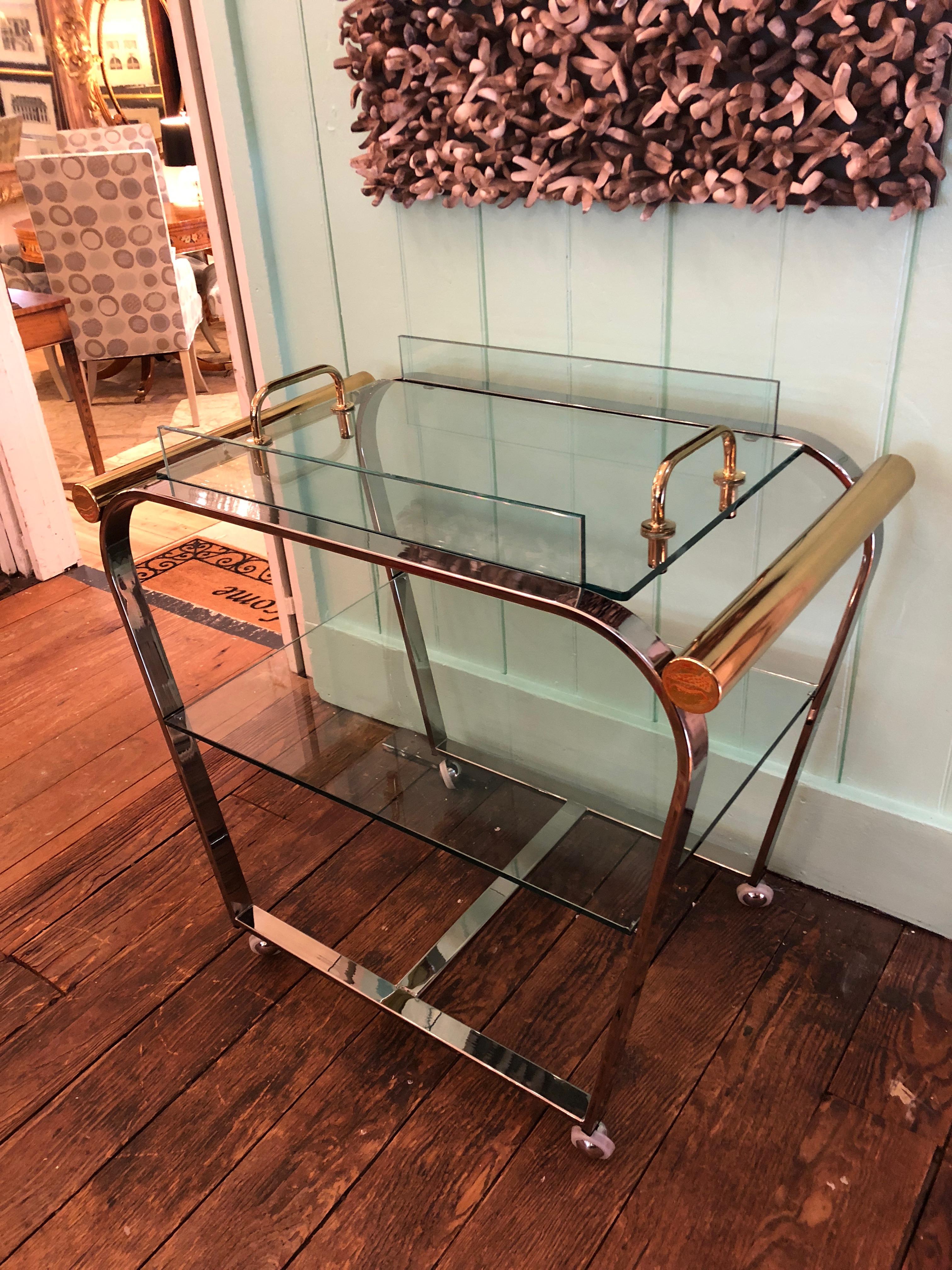 American Glamorous Mid-Century Modern Brass Chrome and Glass Bar Cart