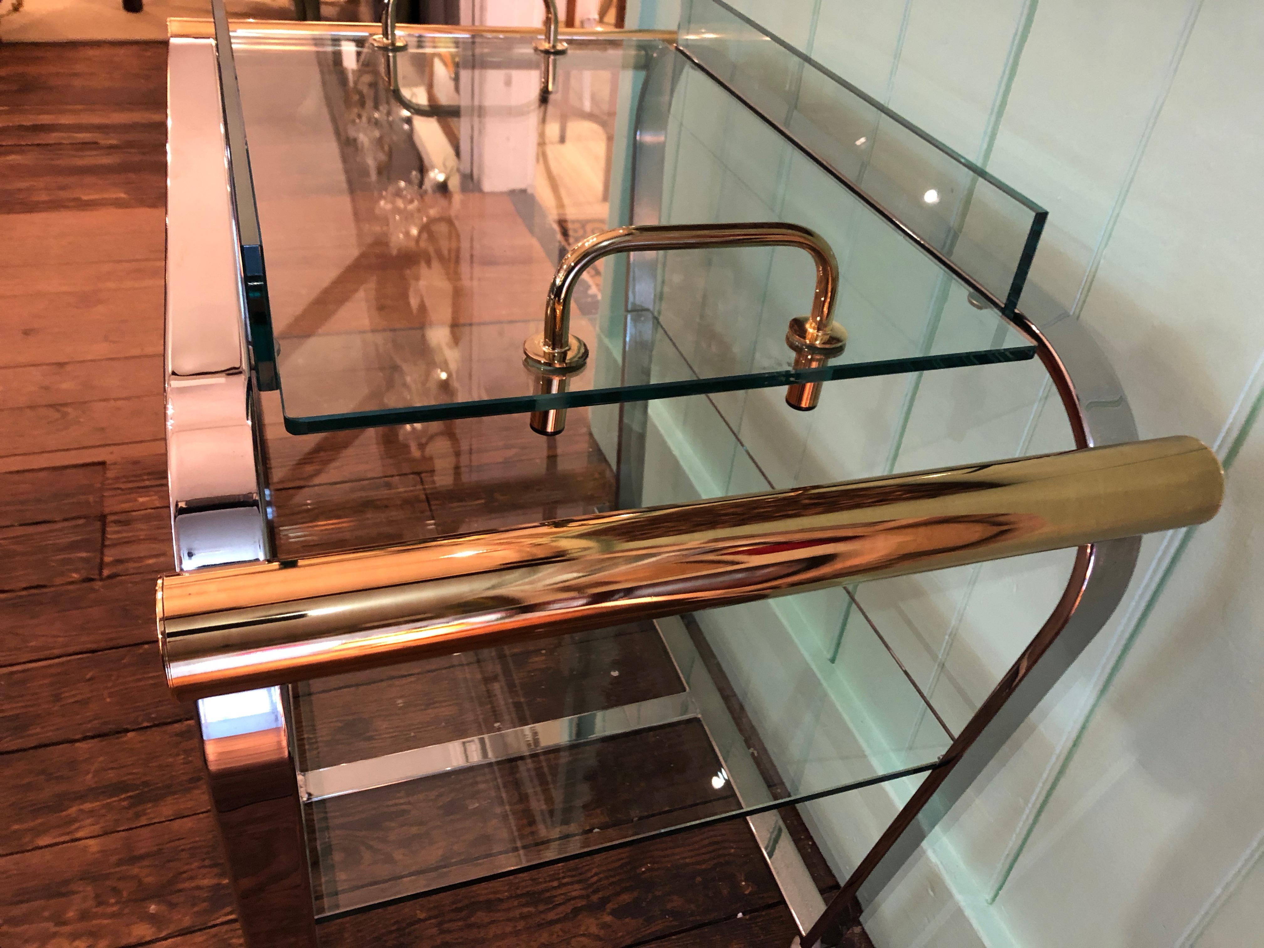 Glamorous Mid-Century Modern Brass Chrome and Glass Bar Cart In Excellent Condition In Hopewell, NJ